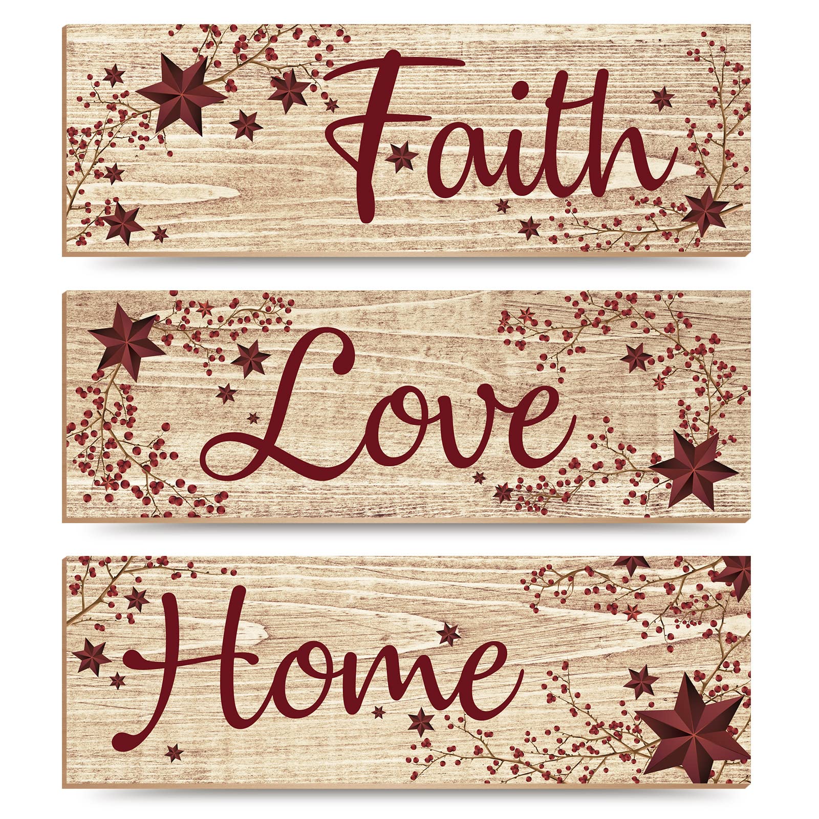3 Pieces Faith Love Hope Wooden Signs Country Stars Berries Wooden Wall Decor 12 x 4 Inch Rustic Wooden Hanging Farmhouse Plaque Inspirational Family Wall Art Sign for Room Wedding Wall Decor