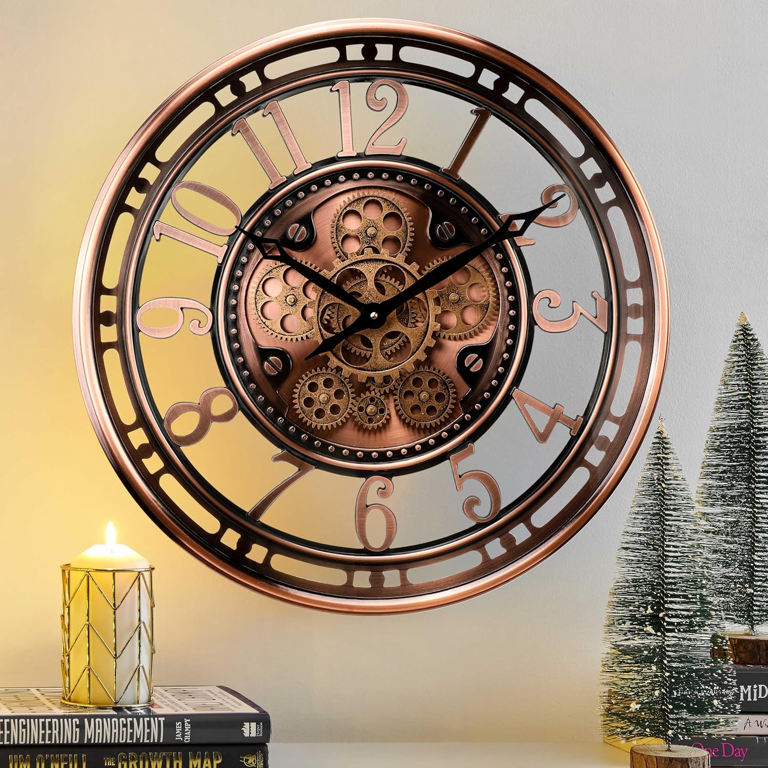 CLXEAST 21 Inch Moving Gear Wall Clock for Modern Farmhouse Living Room Decor,Large Industrial Steampunk Wall Clock for Home Office,Metal Copper Finished,House Warming Gifts New Home