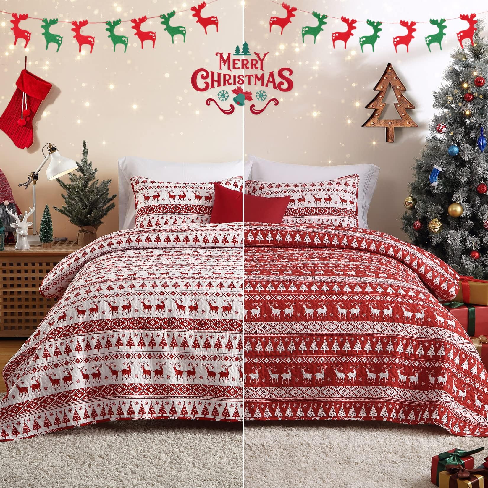 CAROMIO Christmas Quilt Set King Size - Boho Reversible Bedspread Coverlet Set with Christmas Tree Reindeer Snowflakes Printed Pattern, Soft Lightweight Bohemian Quilt Bedding Cover Set King