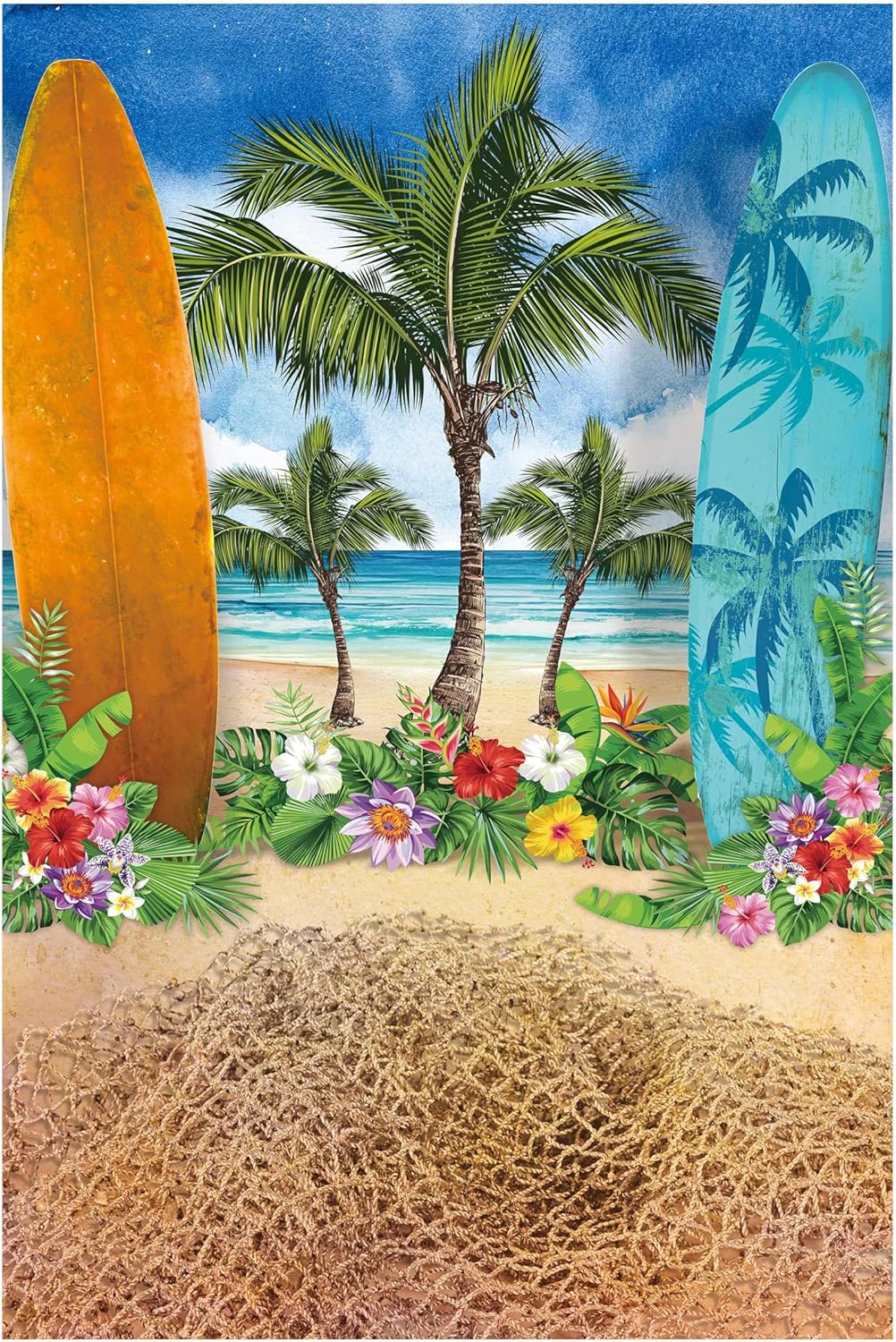 Allenjoy 95" x 141" Summer Beach Ocean Backdrops for Photography Blue Sky Seaside Surfboard Background Tropical Palm Trees Kids Girls 1st Birthday Party Decor Banner Baby Shower Photo Booth Prop