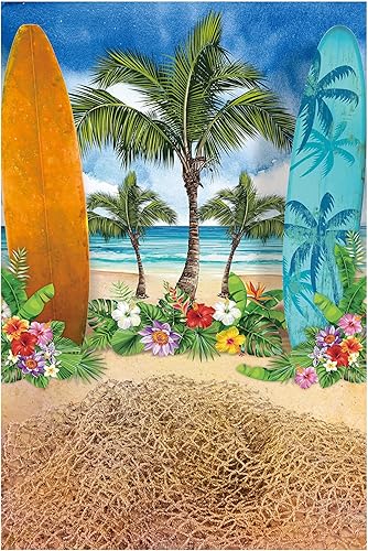 Vista 11 de Allenjoy Fondos de fondo de verano y playa para fotografía, cielo azul, playa, tabla de surf, palmeras tropicales, para niños y niñas, cartel