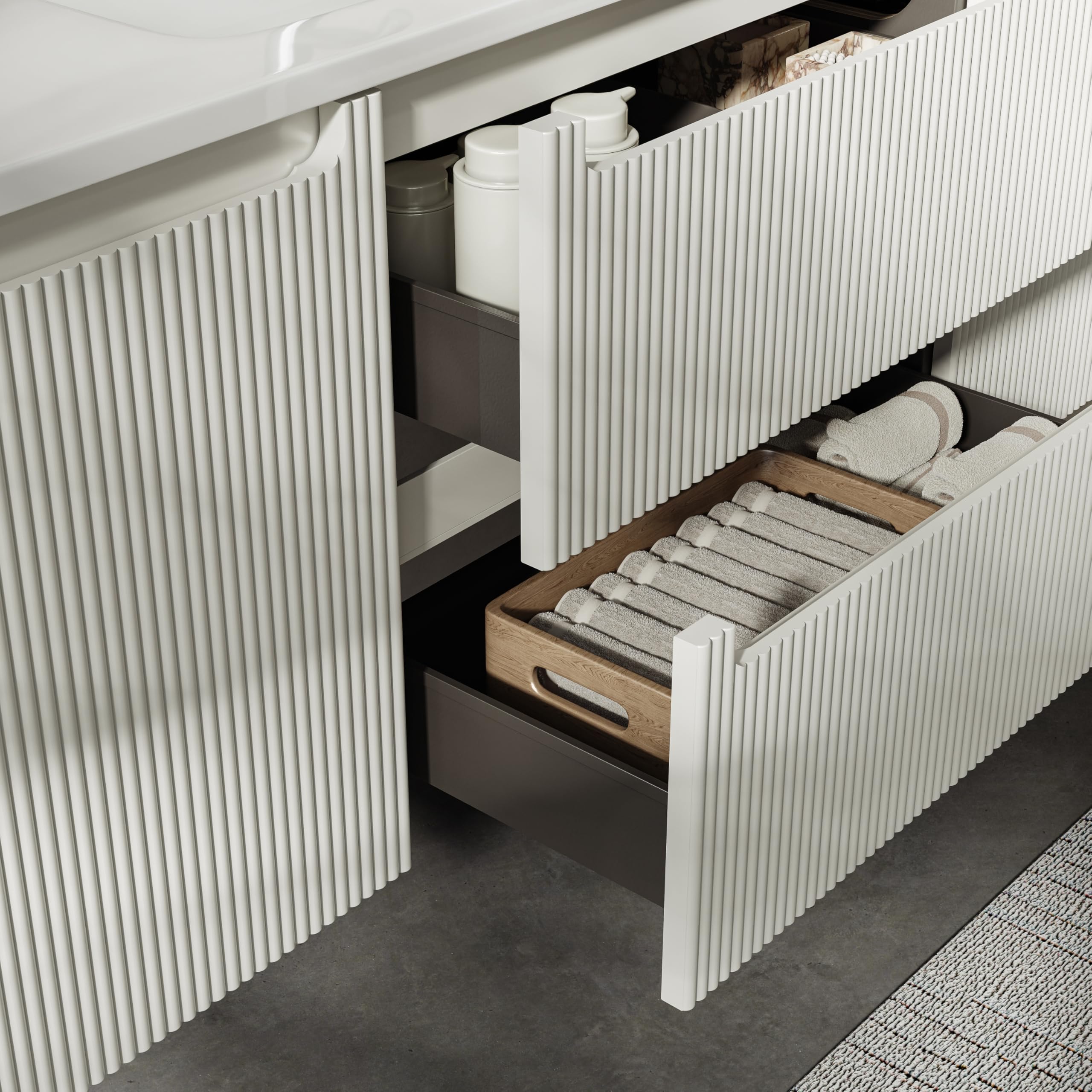 Mobile lavabo sospeso 120 cm con lavabo in resina minerale, 2 cassetti e 2 ante, ultrasottile con chiusura ammortizzata, frontale scanalato, per bagno grande, Bianco Opaco