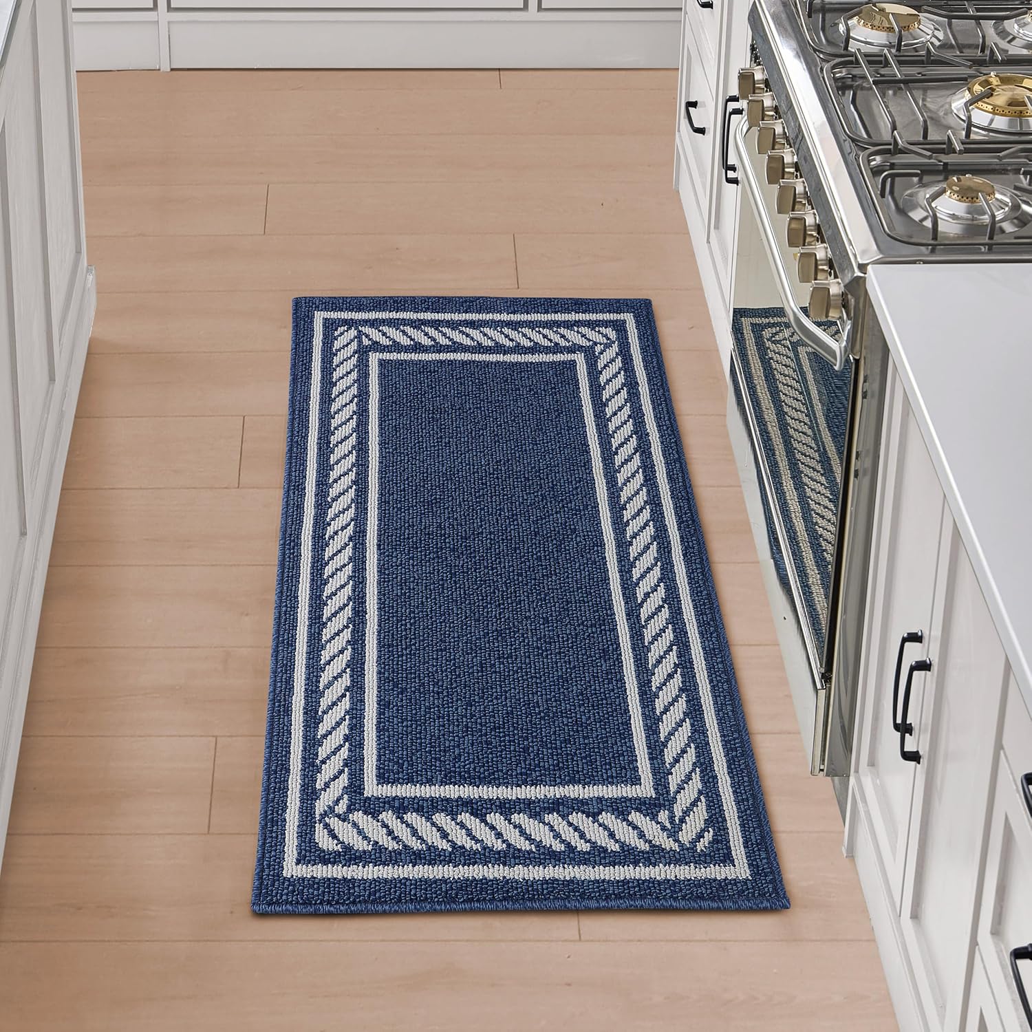 Nautica – Runner Rug | Indoor Runners for Hallways and Entry Rugs| Non-Slip and Non-Skid Entry and Kitchen Door Mat| Machine Washable Entryway Carpet Rugs | 2'2" x 5' | Rope Border Denim Rope Border Denim 2'2" x 5' (Rectangular)