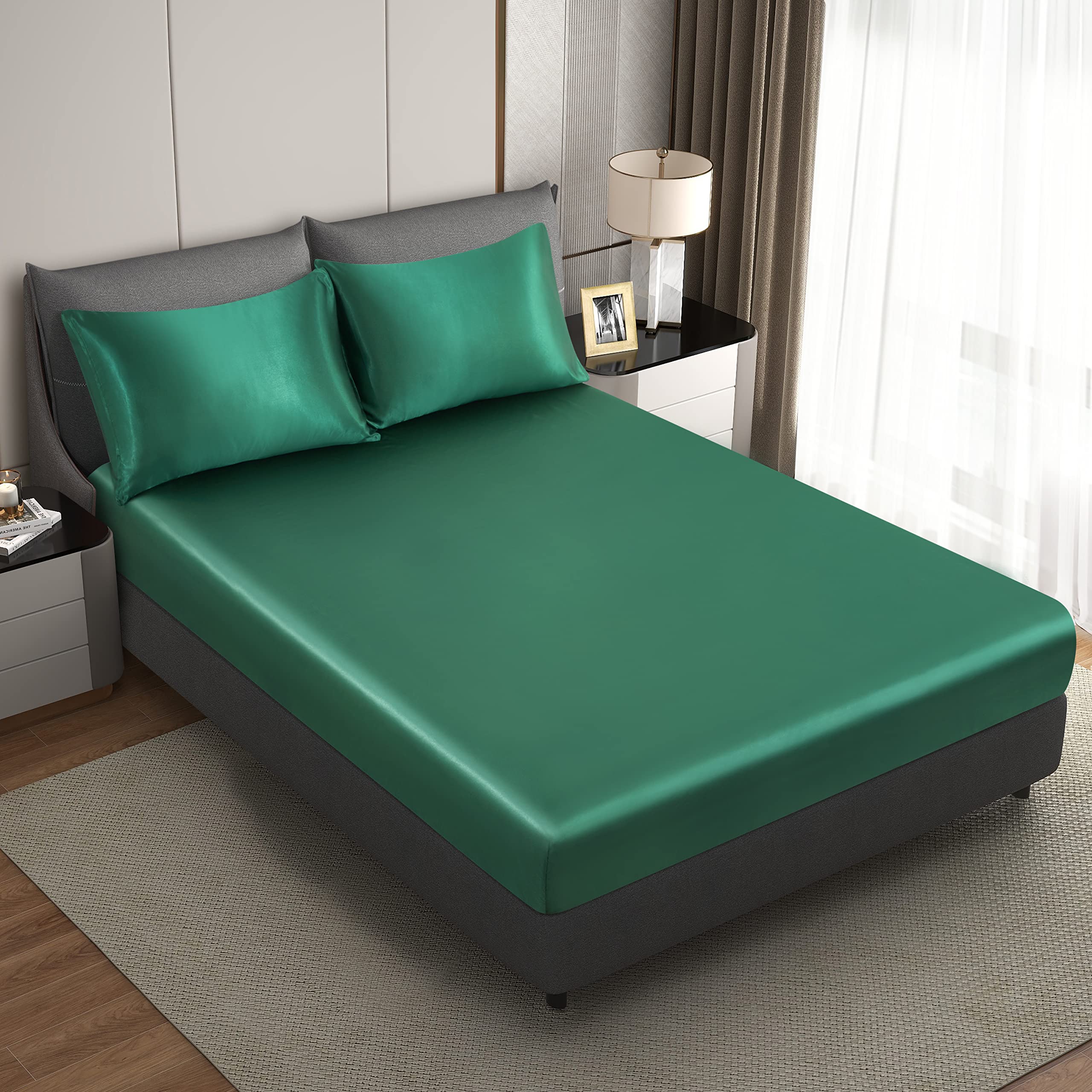 HommxJF Silk Satin Fitted Sheet,Blackish Green King Size Fitted Sheets Only, Deep Pocket Fitted Sheet Only, Breathable, Non- Fading, Fully Elasticized