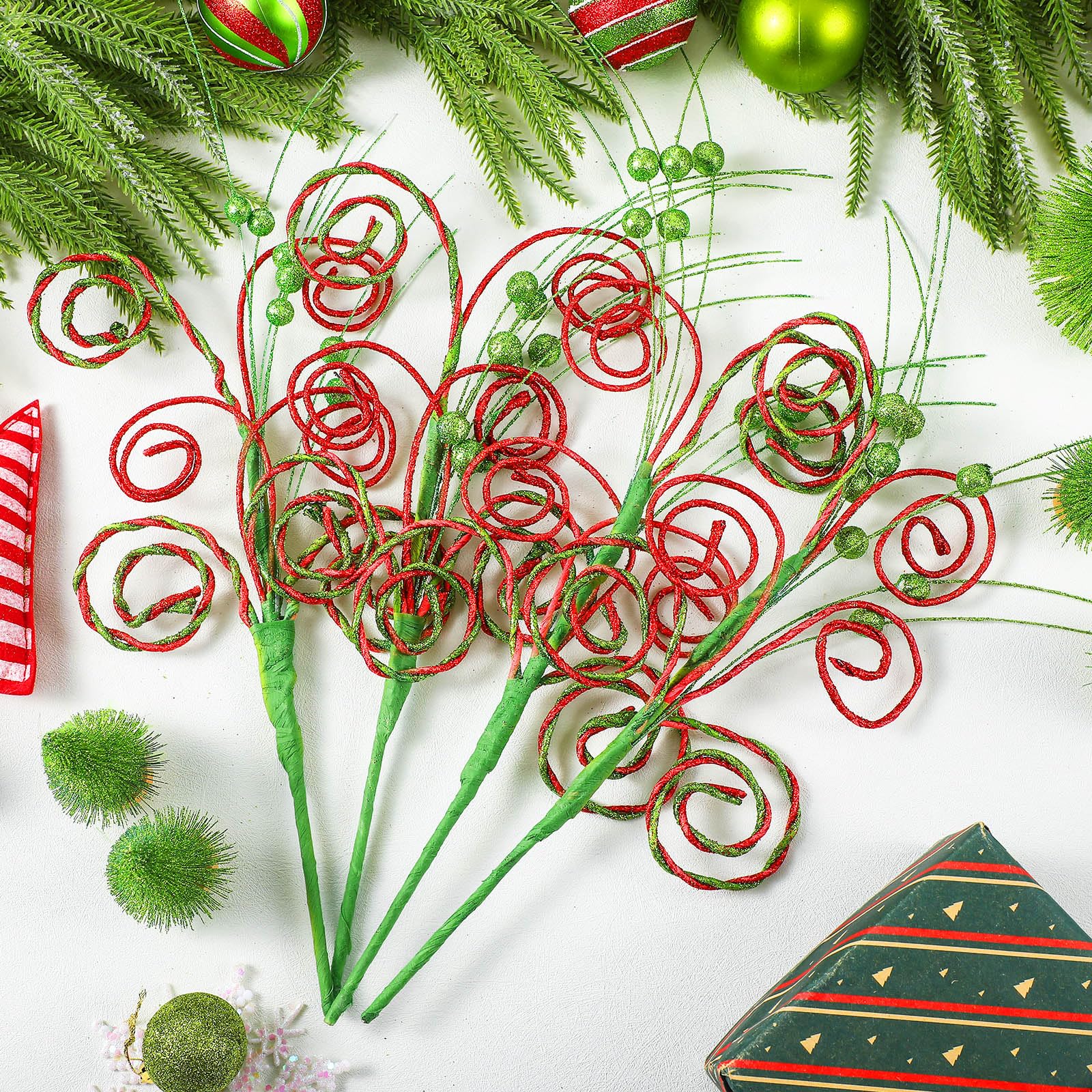 Gejoy Lot de 9 pics pour sapin de Noël - 40,6 cm - Vert citron et rouge pailleté - Décorations de bonbons artificiels pour décoration de sapin de Noël, vase, vacances (torsadé)