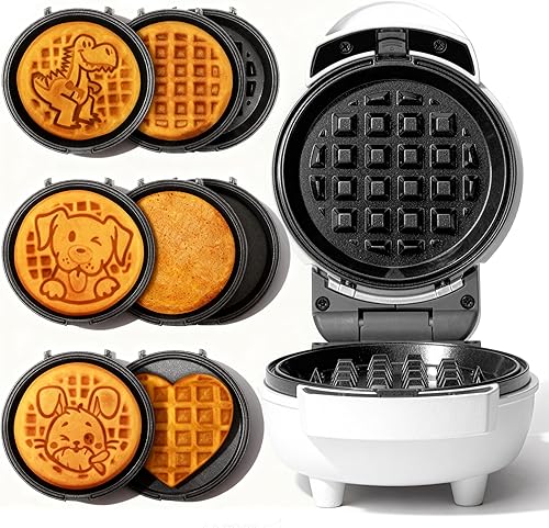 6-in-1 Mini Waffle Maker With Removable Plates, 4.5'' Mini Waffle Iron for Holidays, Parties & Events Waffle Maker Machine, 8 Plates with Premium