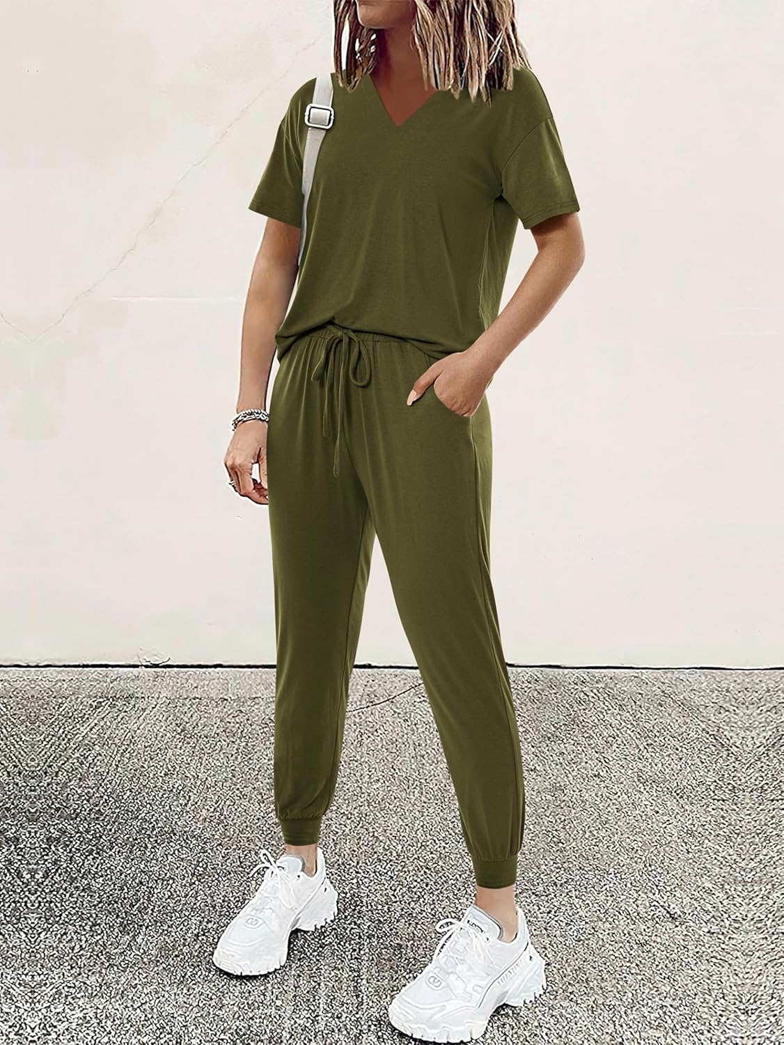 MASCOMODA Womens 2 Piece Outfits Summer Casual V Neck Short Sleeve Tops Long Pants Tracksuit Lounge Jogger Set with Pockets - Image 3