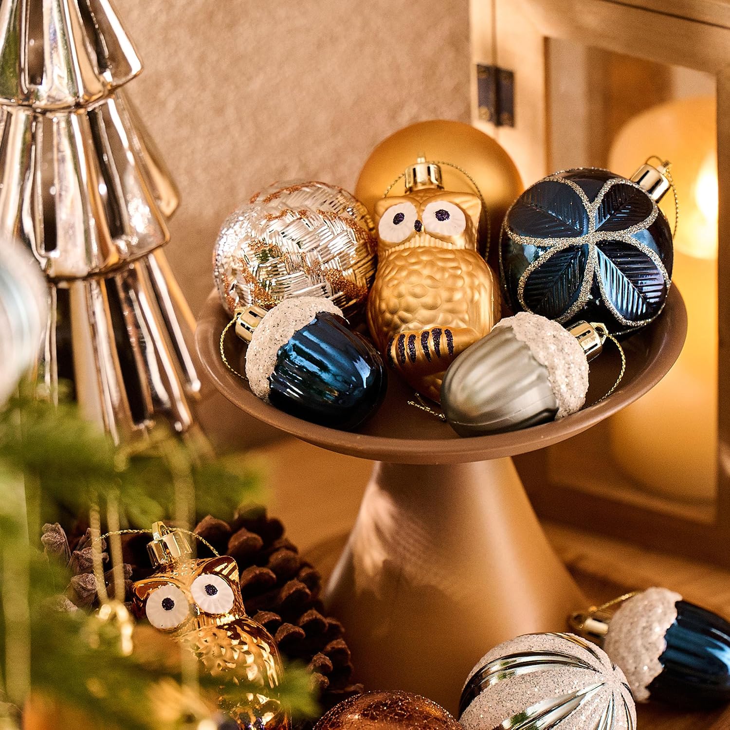 DecorbyHannah Woodland Christmas Ornaments Set, 21ct Blue Copper Bronze Ornaments for Christmas Tree Decorations, Shatterproof Plastic Decorative Hanging Ball Set for Xmas Holiday Indoor Party Decor