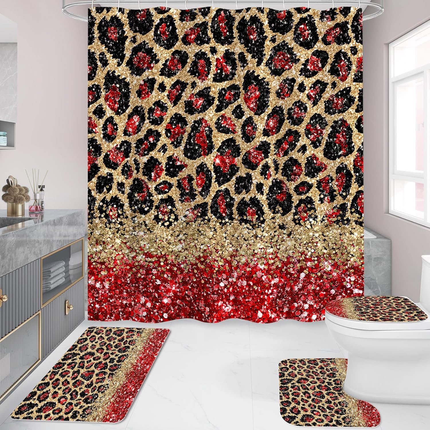 Litabel 4 Pcs Red Leopard Print Shower Curtain Set with Non-Slip Rugs, Toilet Lid Cover and Bath Mat, Wild Animal Skin Bathroom Decor Set with Shower Curtain and Rugs(Hooks Not Included)