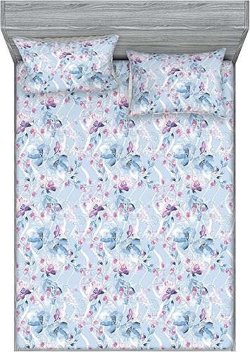 Miniatura 39 de Ambesonne Floral Fitted Sheet & Pillow Sham Set, Retro Wave Inspired Flower Motif with Space Inspired Effects Print, Decorative Printed 3 Piece Dark