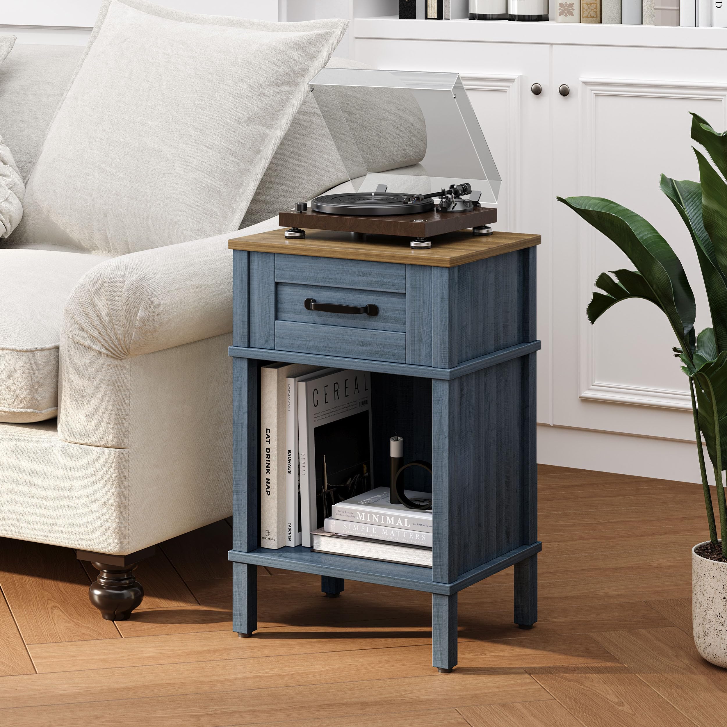 Table de Chevet avec Tiroir Poignée Compartiment Ouvert Table d’Appoint en Bois pour Chambre Salon Bleu LET512LR
