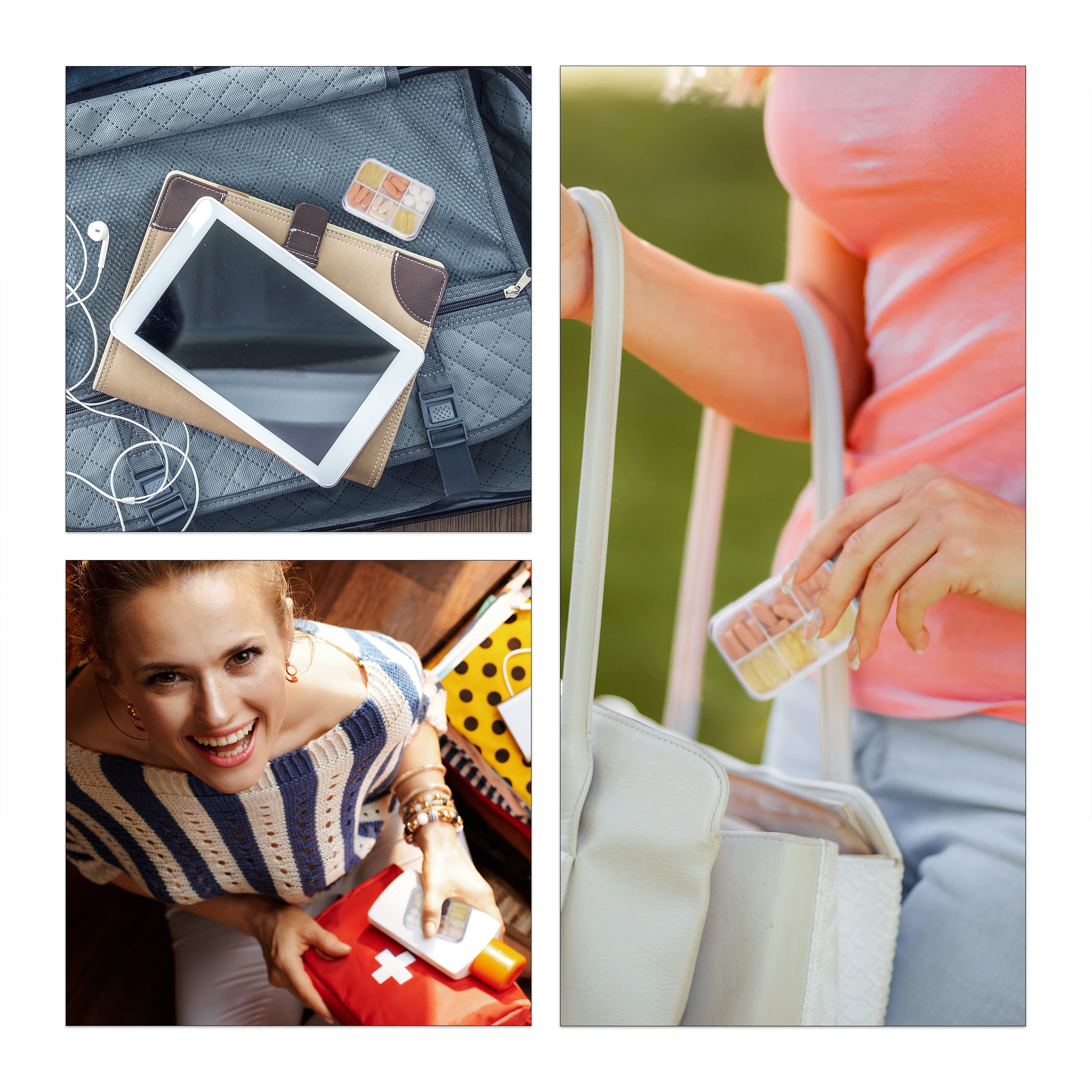 Relaxdays Zestaw 3 pojemników na tabletki, 6 przegródek, rozdzielacz na tabletki, lekkie, poręczne, w podróży, z tworzywa sztucznego, pudełko na tabletki podróżne, białe
