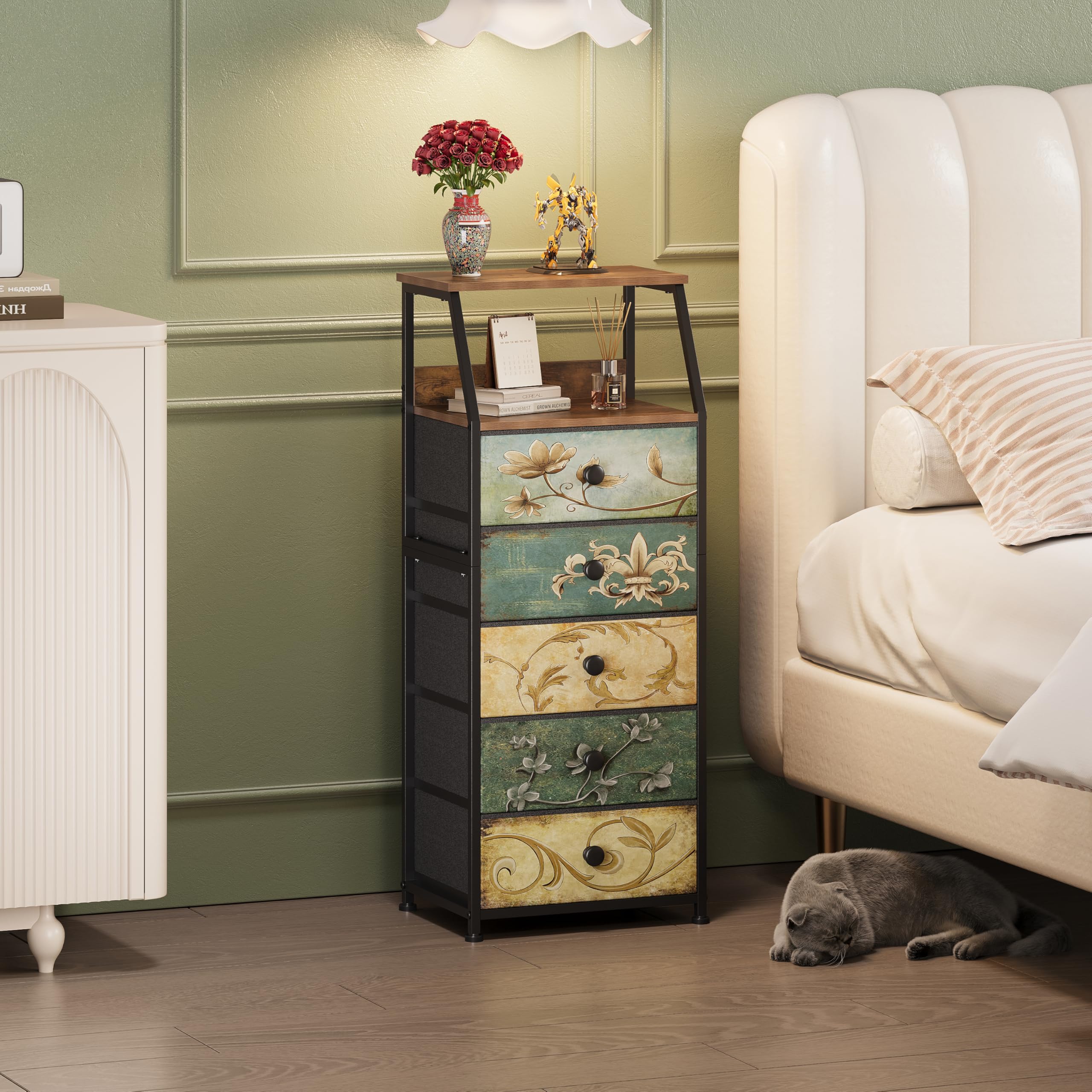 VEDECASA - Comò con 5 cassetti in tessuto, armadio con cassetti con ripiano aperto, tavolo da trucco bohemio, armadio per la conservazione, comodino, tavolino per camera da letto e soggiorno