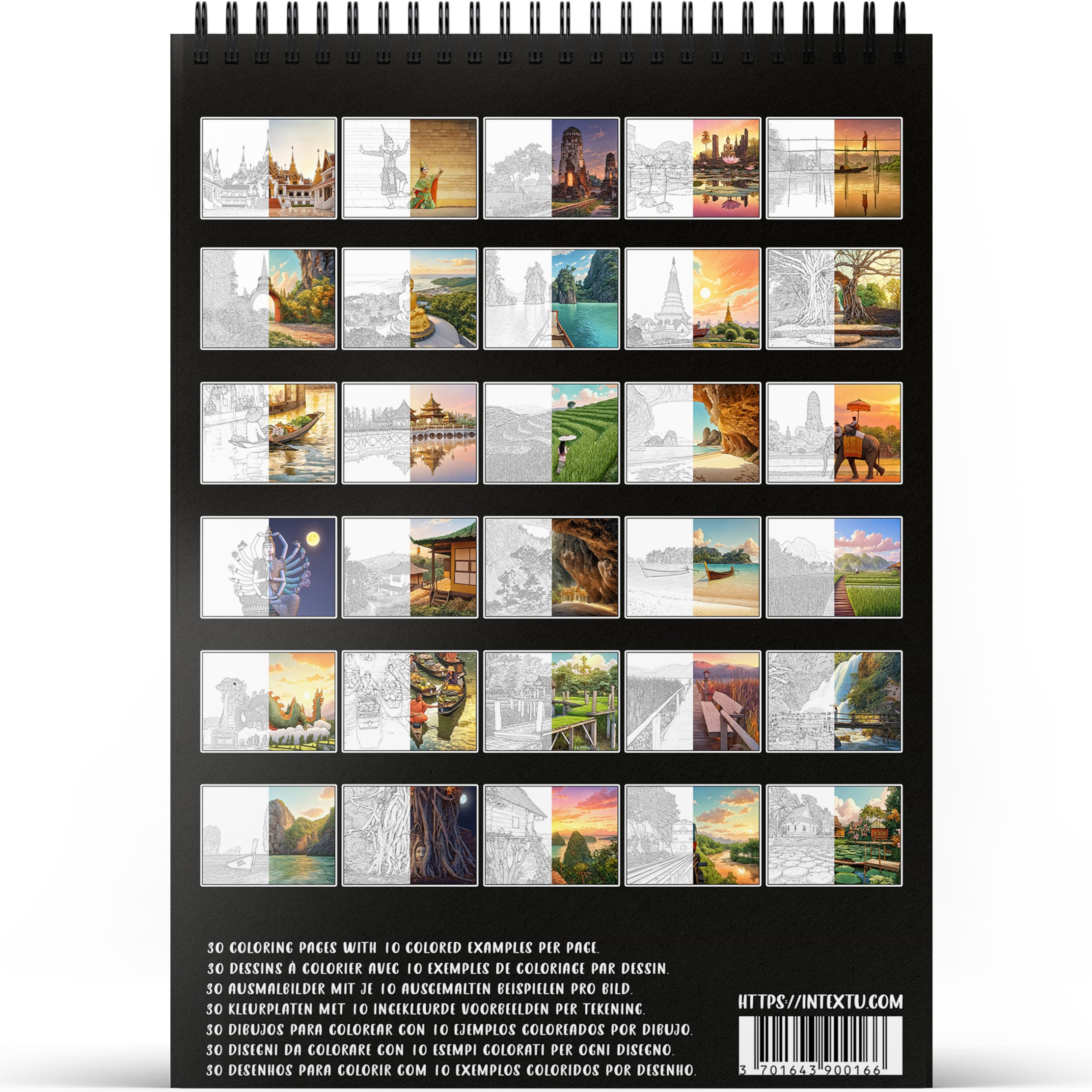 In Textu Kolorowanka dla Dorosłych Destination Thailand, Papier 200 g/m² | Oprawa spiralna, A4, jakość premium, 30 rysunków, 300 kolorowych wzorów, do kredek i markerów akrylowych/alkoholowych/wodnych