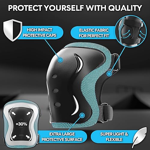 Miniatura 3 de SKATEWIZ Almohadillas de patinaje para niños, adolescentes y adultos, juego de equipo de protección 6 piezas con rodilleras, coderas y muñequeras,