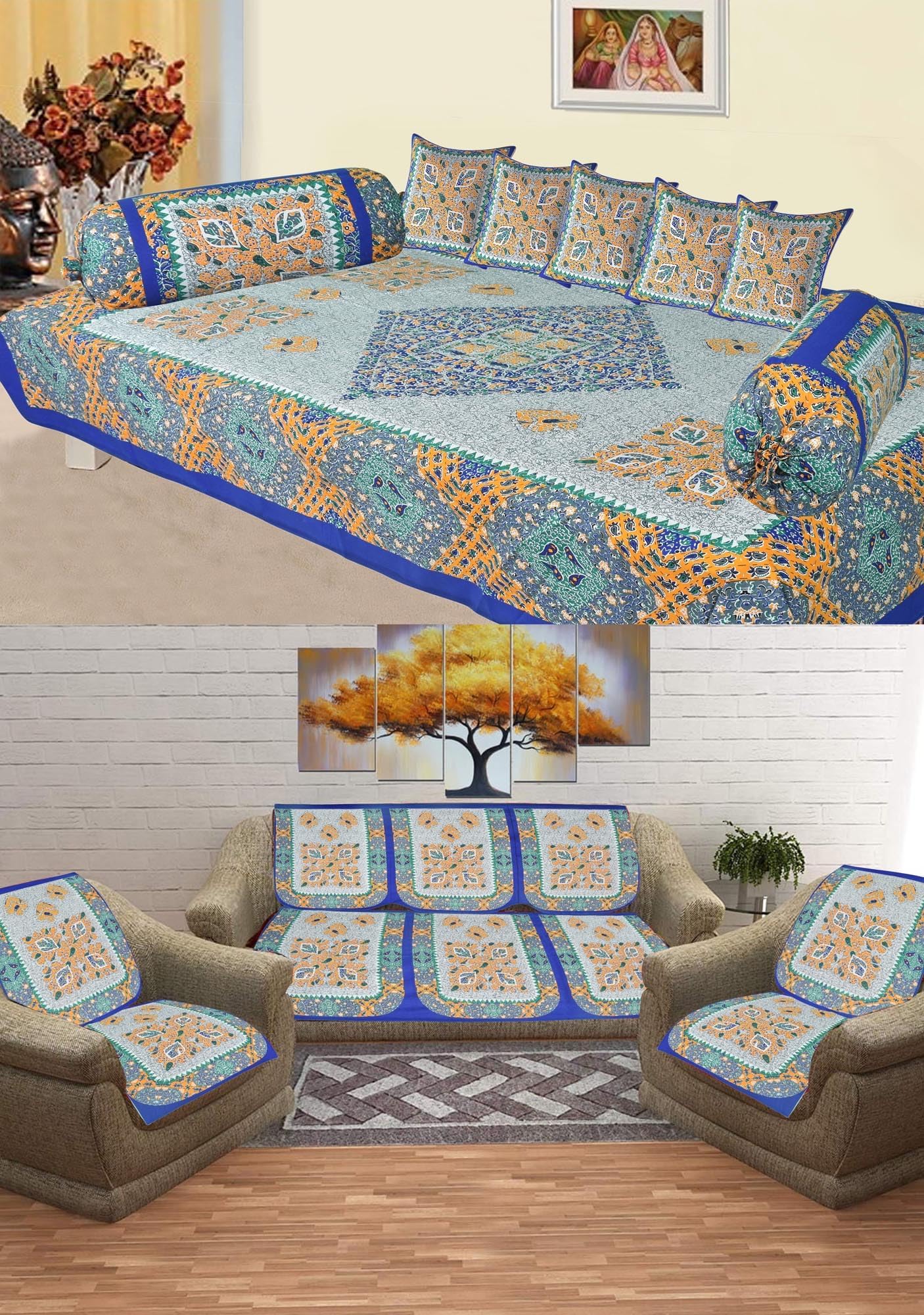 Floral Print Pure Cotton ROOMSET |Diwan & Sofa Cover Set Combo| Single Bedsheet, 2 Bolster Covers, 5 Cushion Covers and Five Seater Sofa Cover Set (Blue)-image-28