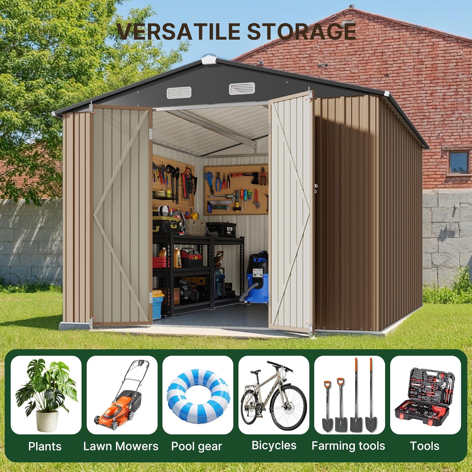 Gizoon Outdoor Storage Shed 10x10 FT, Large Metal Garden Shed with Double Lockable Doors & Sloped Roof, Waterproof Tool Sheds for Backyard, Patio and Garden, Light Brown