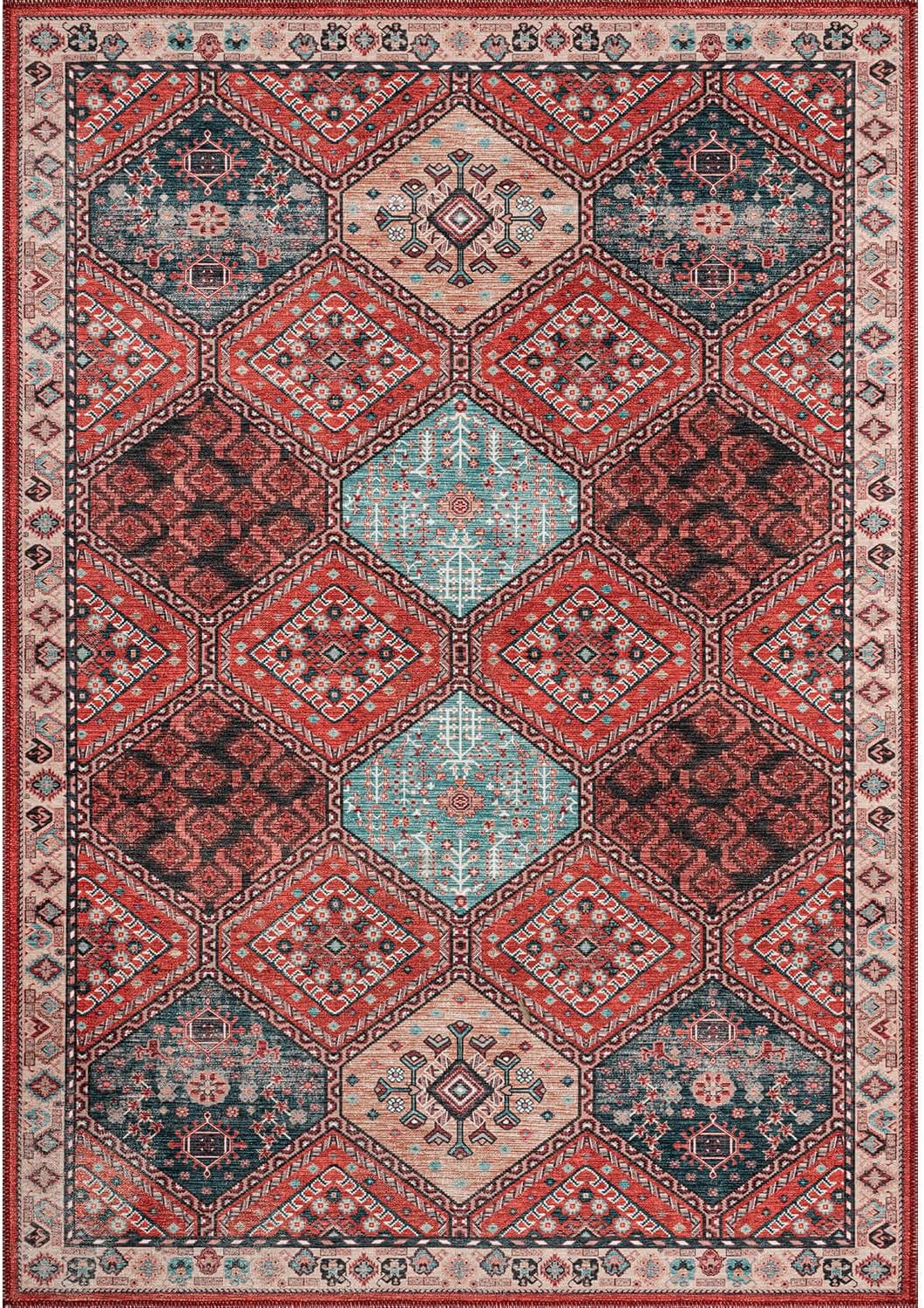 CAMILSON Machine Washable Area Rug 8x10 Rust Red Thin Distressed Vintage Medallion Durable & Easy to Clean Carpet for Living Room Bedroom Dining Room Indoor Use (8 x 10 Rust Red)