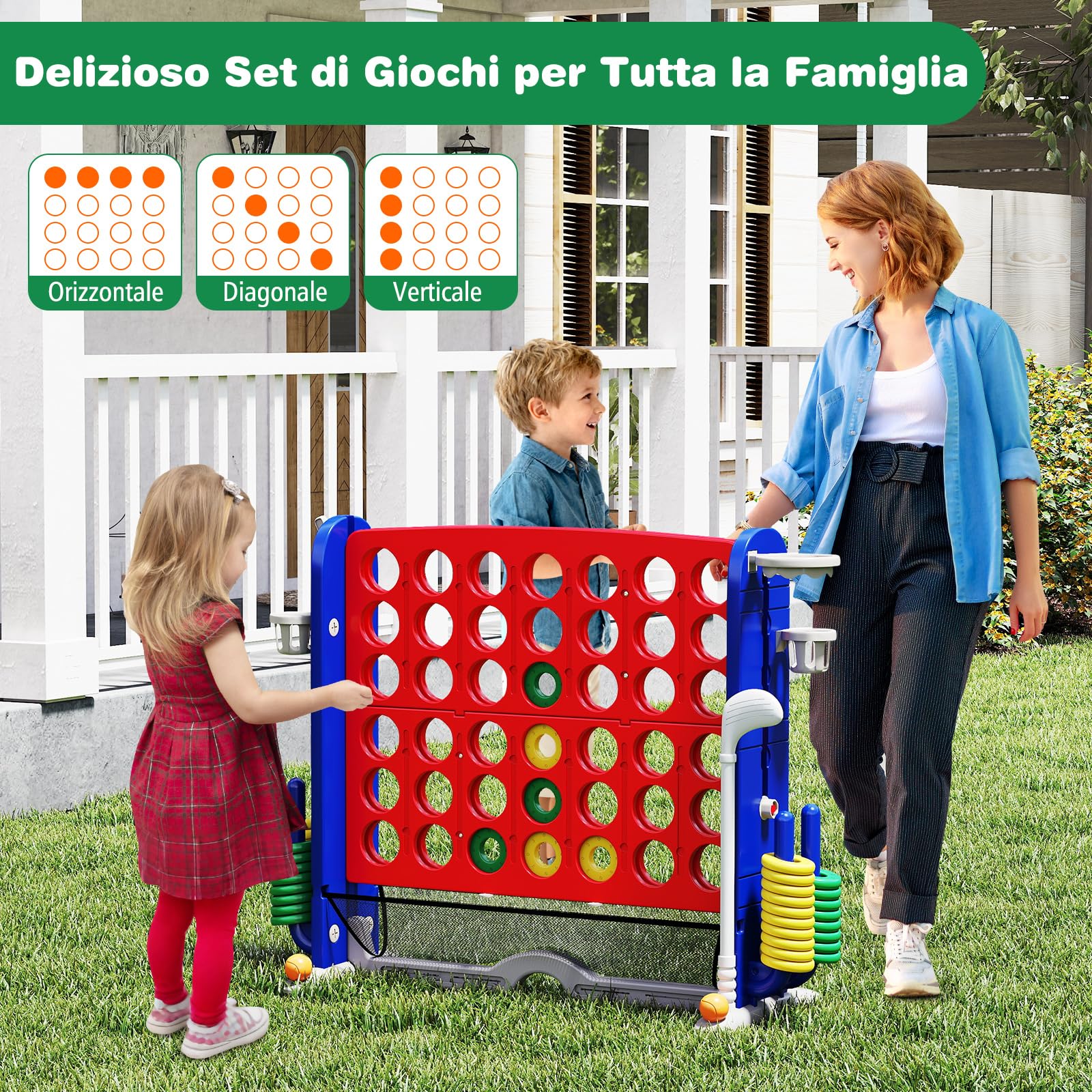 COSTWAY 4 in 1 Forza 4 Gigante, Set di Gioco 4 in Fila con Lancio degli Anelli, Canestro da Basket, Palla, Mazza da Golf, Porta Bicchieri, Borsa e Tasca a Rete, Forza 4 Regolabile in Altezza (Rosso)