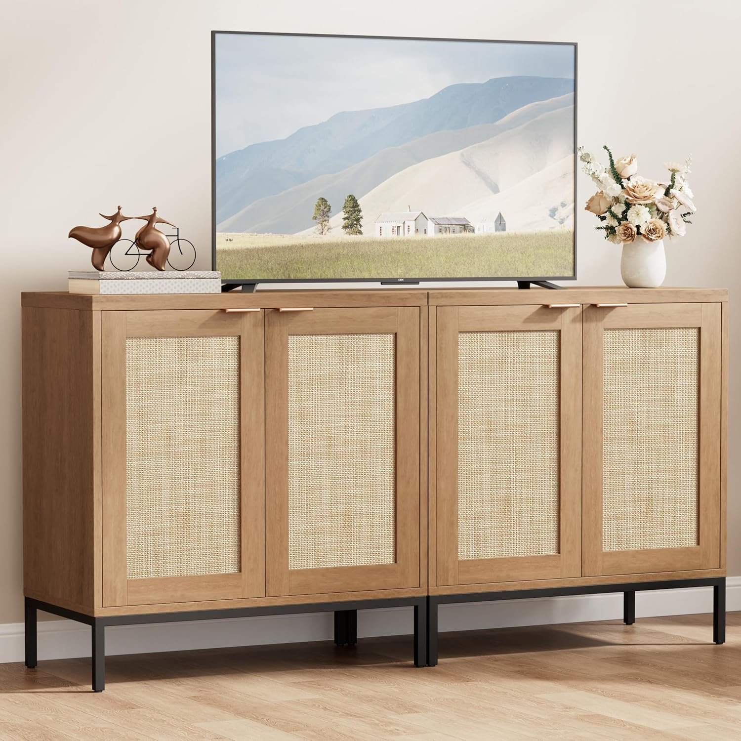 Buffet Cabinet with Rattan Decorated Doors, Buffet Table with Storage, Sideboard with Adjustable Shelves, Coffee Bar Cabinet Cupboard for Living Room, Kitchen, Entryway, Oak