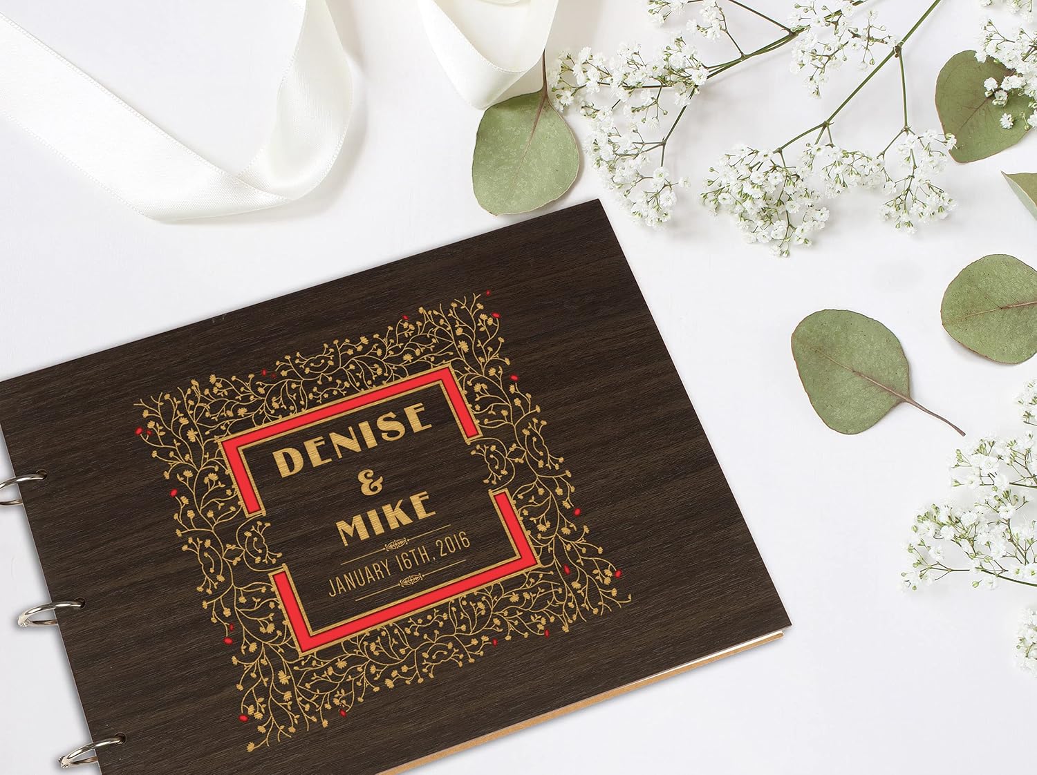 Darling Souvenir Personalized Engraved Laser Cut Wedding Guest Book Wooden Cover Sign-in Book Registry Guestbook Scrapbook-WM