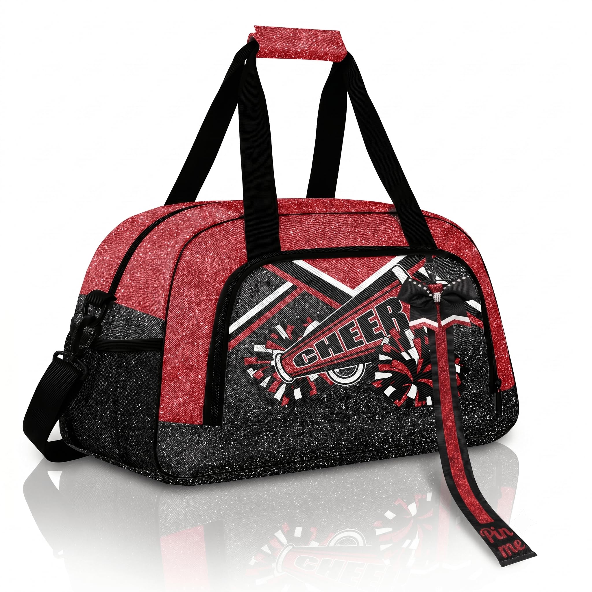 Cheer Duffel Bag with Bow Keychain, Sparkle Glitter Cheer Gym Dance Bag for Women, Glitter Red, 18.9" x 8.7" x 10.6", Glitter Cheer Duffel Bag With Bow Keychain