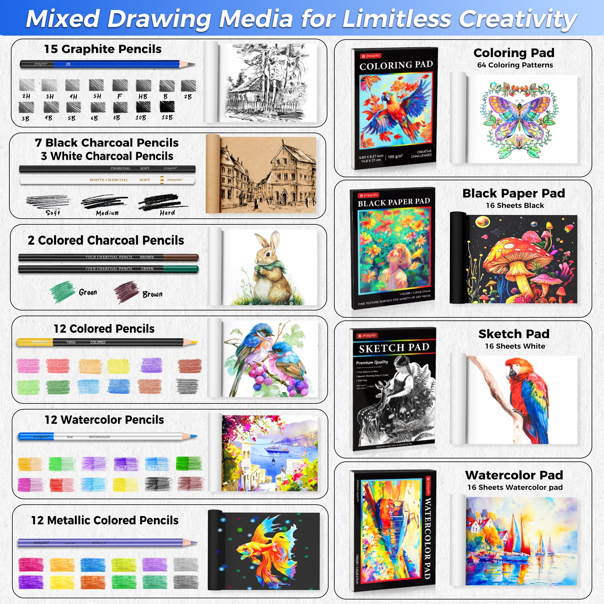 Set da disegno da 133 pezzi, kit per schizzi, forniture artistiche professionali | con Sketch Book, Coloring Book, Acquerello, Blocco di Carta Nero, Grafite Colorato Carbone Acquerello & Matite Metalliche