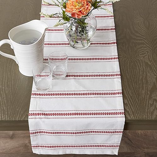 Miniatura 3 de DII Zig Dobby - Colección de mesa, fondo de algodón blanco con rayas adornadas, camino de mesa, 14 x 108, rojo granero