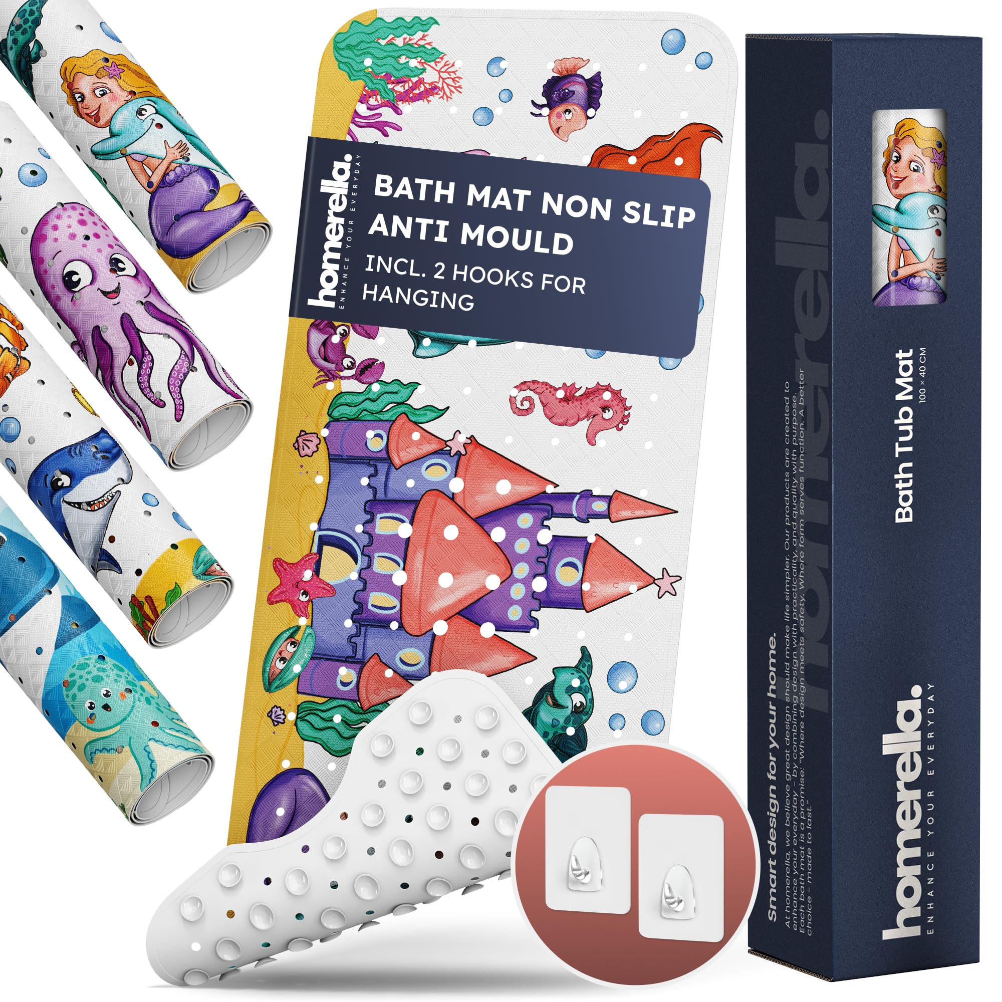 Homerella Bath Mat Non Slip Anti Mould Kids 100x40cm INCL. 2 HOOKS - Anti Slip Bathtub Mat Machine Washable, BPA free, Toddler Non Slip Bath Mat for Inside Bath Tub - Meerjungfrauen