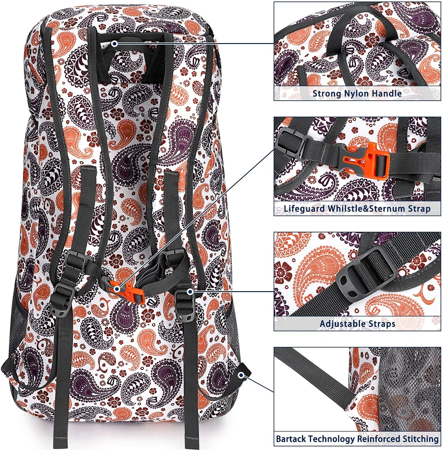 G4Free 40L Lightweight Packable Hiking Backpack Foldable Travel Daypack for Women 40L White Base Paisley