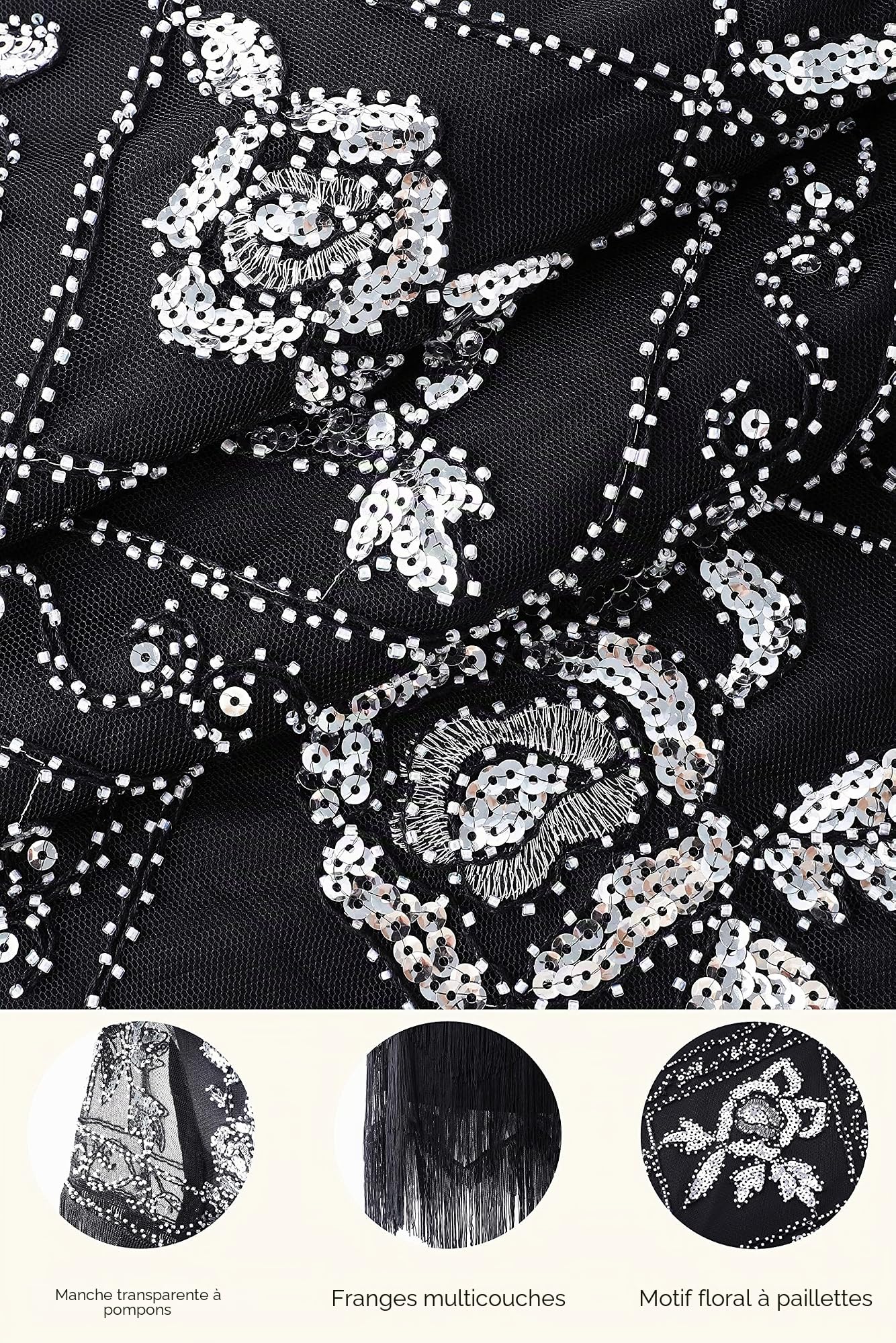 BABEYOND Robe garçonne pour Femme Style années 1920, col en V, Robe de soirée à Paillettes et Perles, Robe Longue pour Mariage, Noir et doré