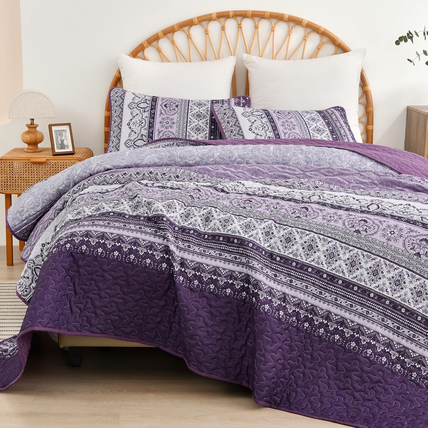 WONGS BEDDING Boho Quilt Set King Size, Purple Bohemian 3 Pieces Quilts Bedspread Set Stripe Lightweight Microfiber All Season Bedding Coverlet Set for King Bed (104"x90") - Image 5