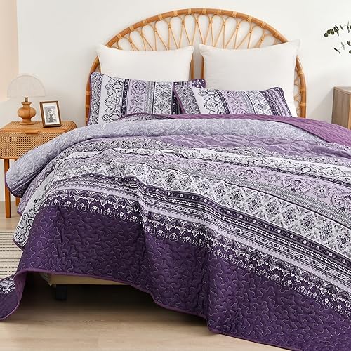 Vista 189 de WONGS BEDDING Juego de edredón bohemio tamaño Queen Aqua, juego de colcha de 3 piezas a rayas, de microfibra ligera y suave bohemia para todas