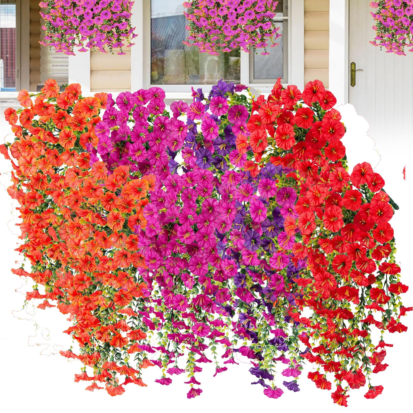 Agares B 8Pcs Combination Artificial Morning Glory Hanging Flowers, 75Cm Lifelike Uv Resistant Faux Vine Plants With Drooping Leaves, Fake Flower Ouquets For Home Wall Porch Patio Garden (B)