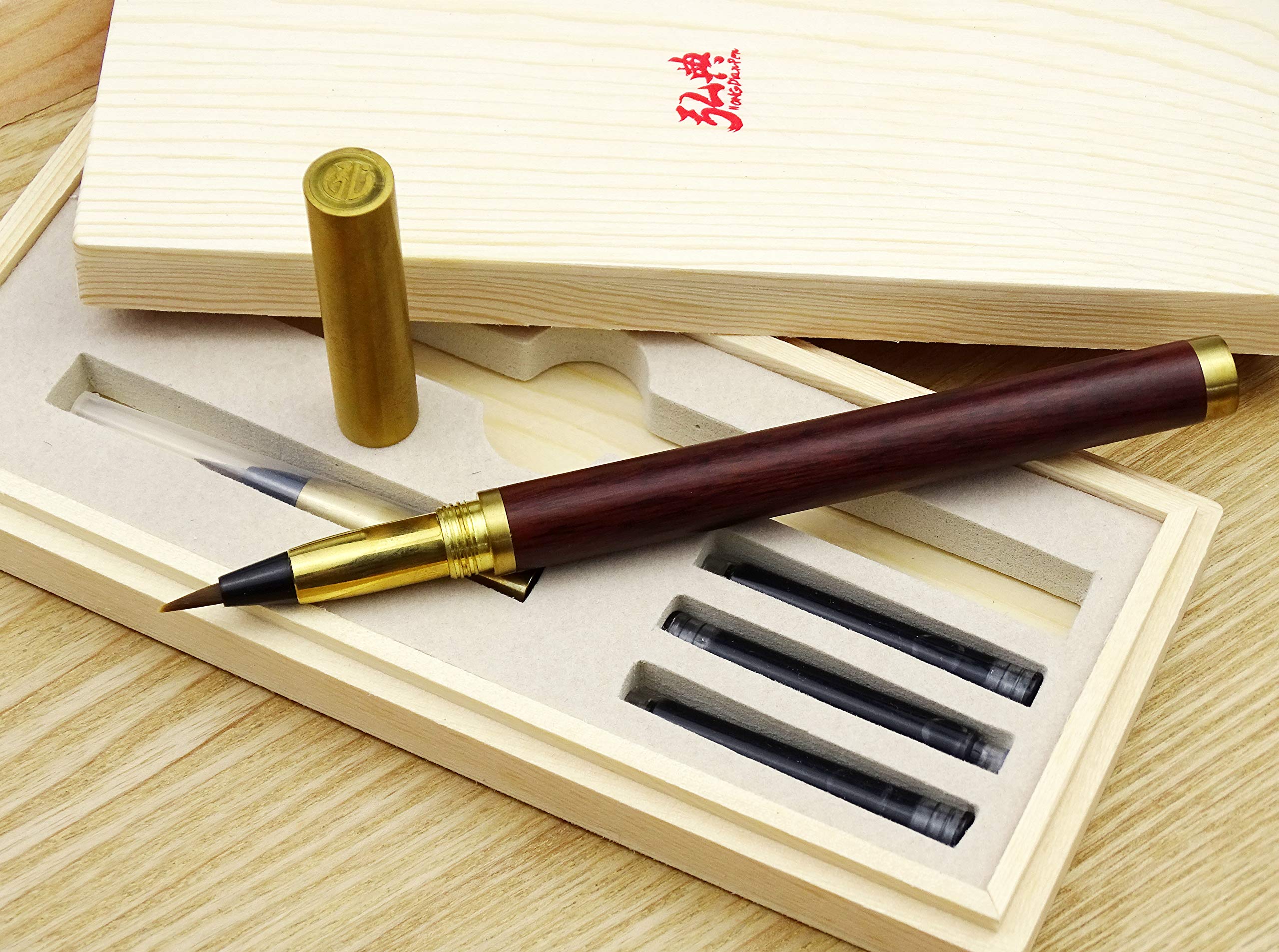 HongDian 1808 Stylo pinceau, fait à la main en bois de santal rouge naturel, convertisseur en laiton, calligraphie, écriture, art, coffret cadeau