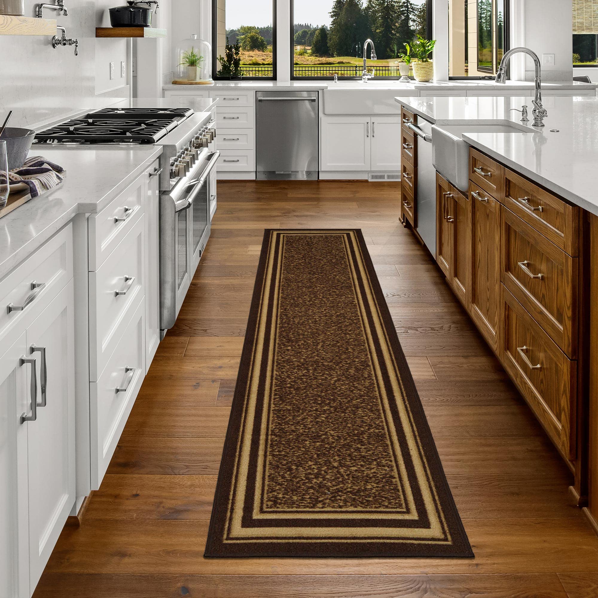 Ottomanson Ottohome Collection Contemporary Bordered Design Rubber Back Runner Rug, 1'10" x 7', Brown