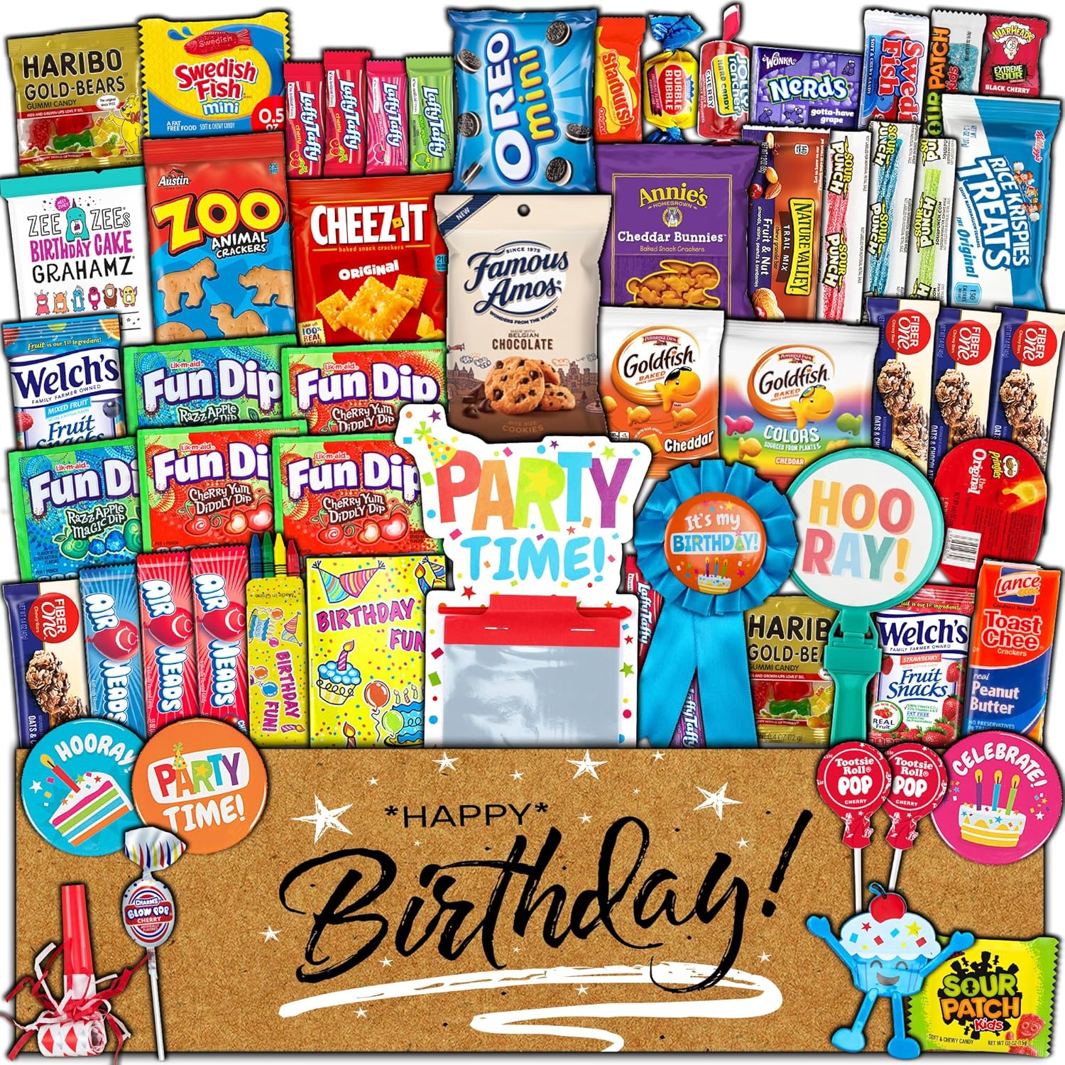 Birthday Celebration Care Package (50 Count) Snacks Food Cookies Bar Chips Candy Party Variety Gift Box Pack Assortment Basket Bundle Mix Bulk Sampler Treat College Students Kids Teens Office School
