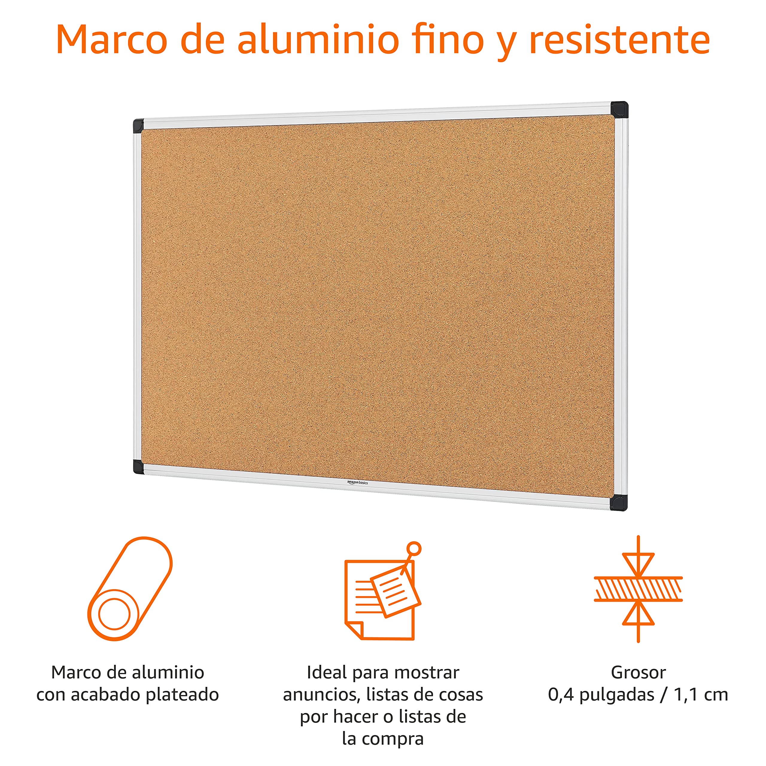 Amazon Basics Rectangular Tablón de anuncios, de corcho, con marco de aluminio, 90 x 60 cm, Plateado