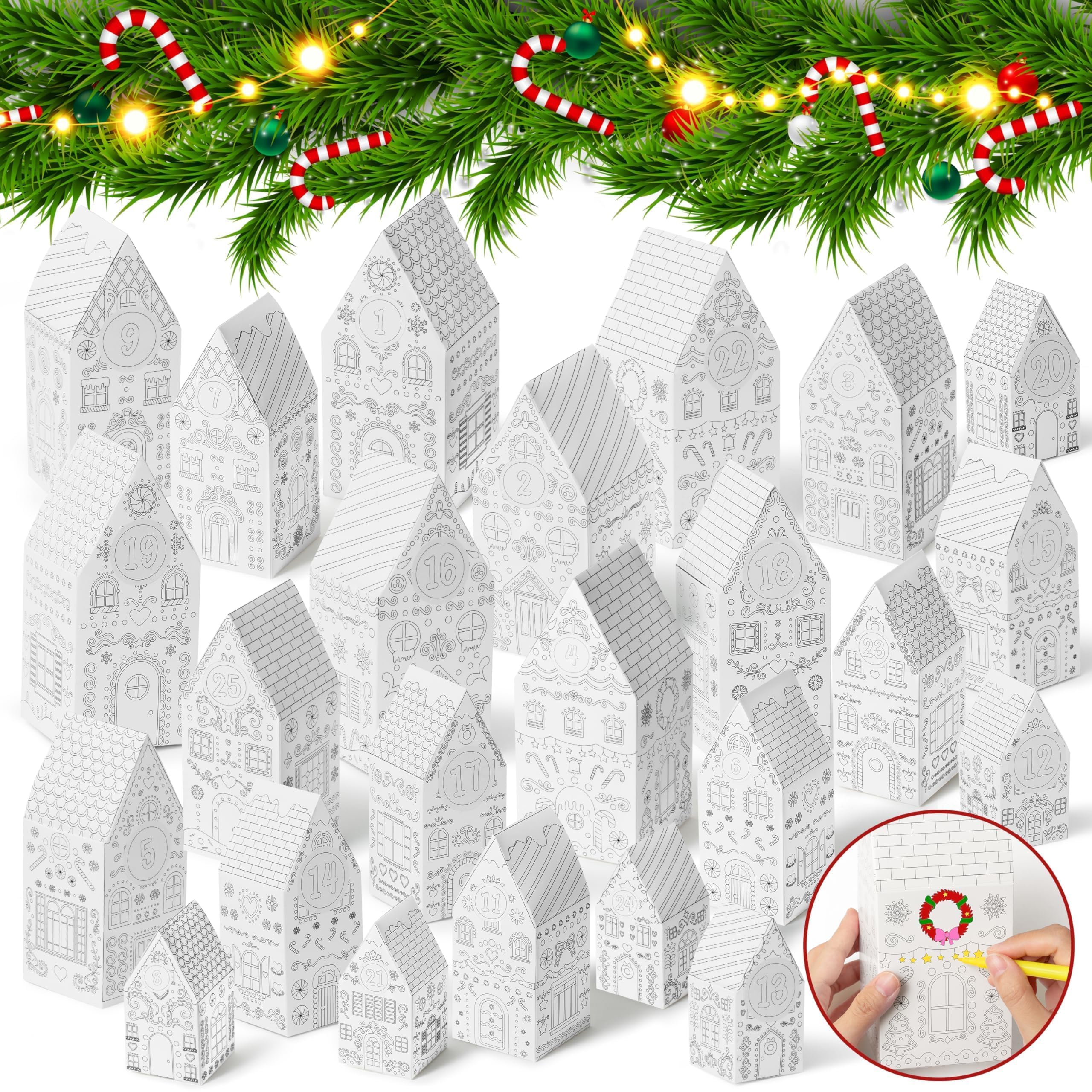 AsodSway Christmas Advent Calendar Boxes - 30P Christmas House Box DIY Craft Kit Candies Treats Xmas Empty Advent DIY Boxes to Fill 24 Days Christmas Advent Countdown Number Label Stickers Coated Paper House Gift Boxes