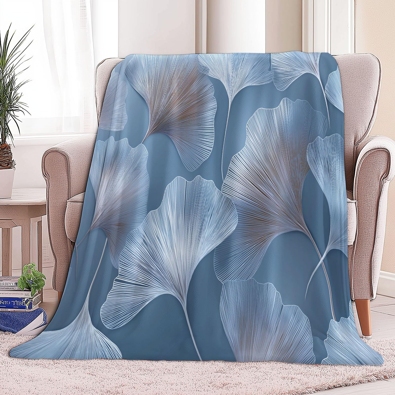 Genérico Plata Manta de Franela Polar, 220 x 240 cm Manta Cálida de Invierno, Suave, Esponjosa y Cálida con Estampado Minimalista Elegante Hojas De Ginkgo - Manta para Cama Colcha y Sofá