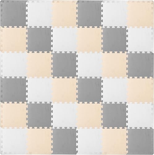 ProSource Tapete de juego de espuma para niños y bebés con colores sólidos, 36 o 16 azulejos entrelazados con bordes, blancogrisbeige