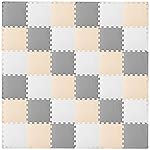 ProSource Foam Puzzle Floor Play Mat for Kids and Babies with Solid Colors, 36 or 16 Interlocking Tiles with Borders, White/Grey/Beige