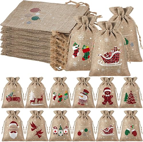 24 bolsas de regalo de Navidad con cordón, bolsa de arpillera de Navidad, bolsa de Navidad de algodón lavable para envoltura de dulces, recuerdos de
