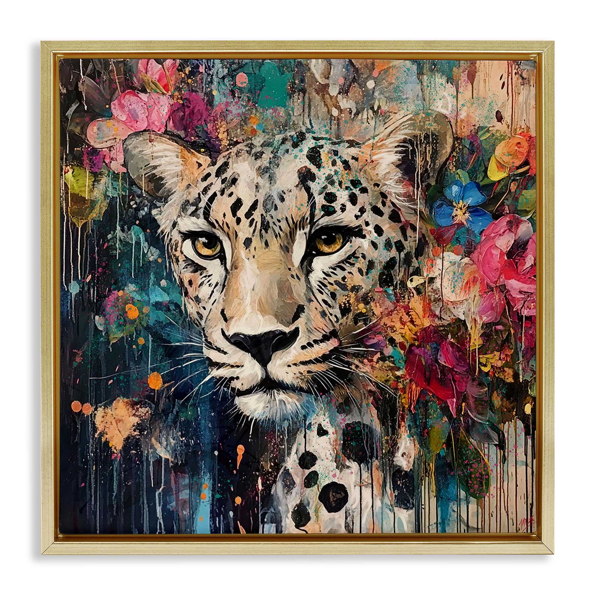 Stupell Industries Metallic Gold (Matte) 'Cheetah & Exotic Blooms'| Floating Frame Canvas Art