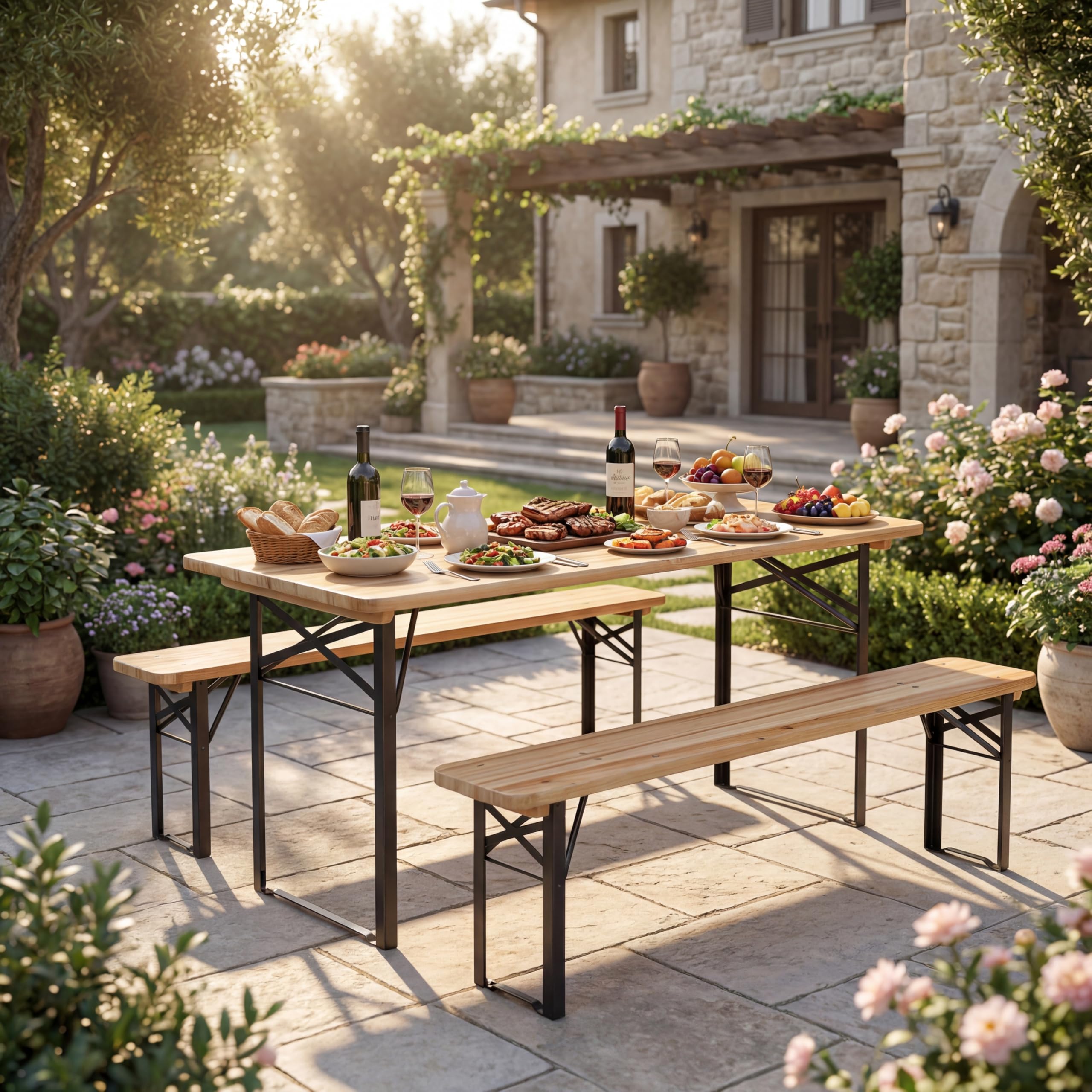 KOMFOTTEU 3-Teilige Biertischgarnitur, Bierzeltgarnitur klappbar mit Tisch & 2 Bänken, Bierbankgarnitur aus Natürlichem Tannenholz für 4 Personen, Outdoor Bierbankgarnitur for Garten, Hof & Pool