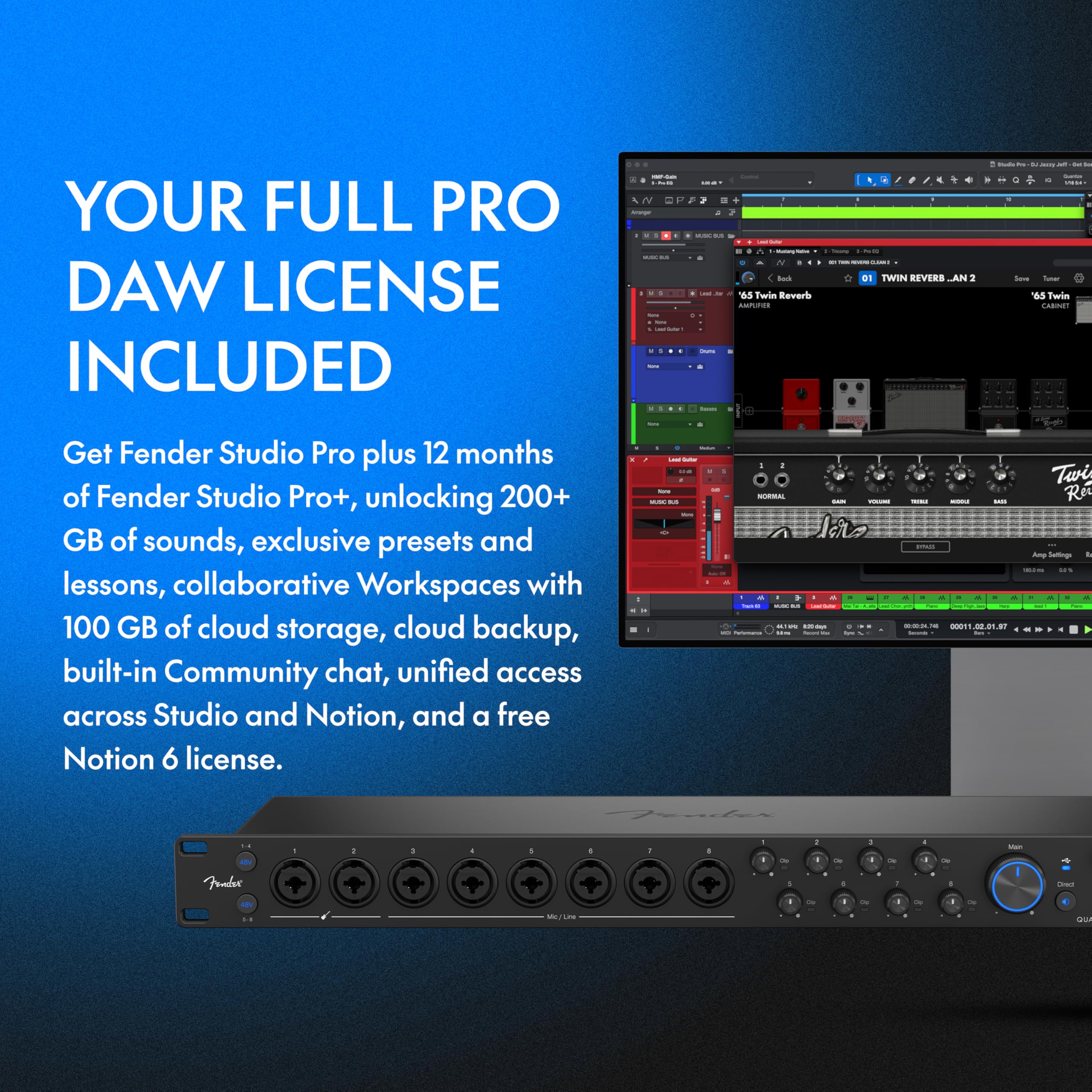Fender Quantum LT 16 | Interfaz de audio USB-C de 8 salidas para producción musical, ocho preamplificadores de micrófono MAX-HD, 14 entradas de línea, controladores de baja latencia, loopback, salidas