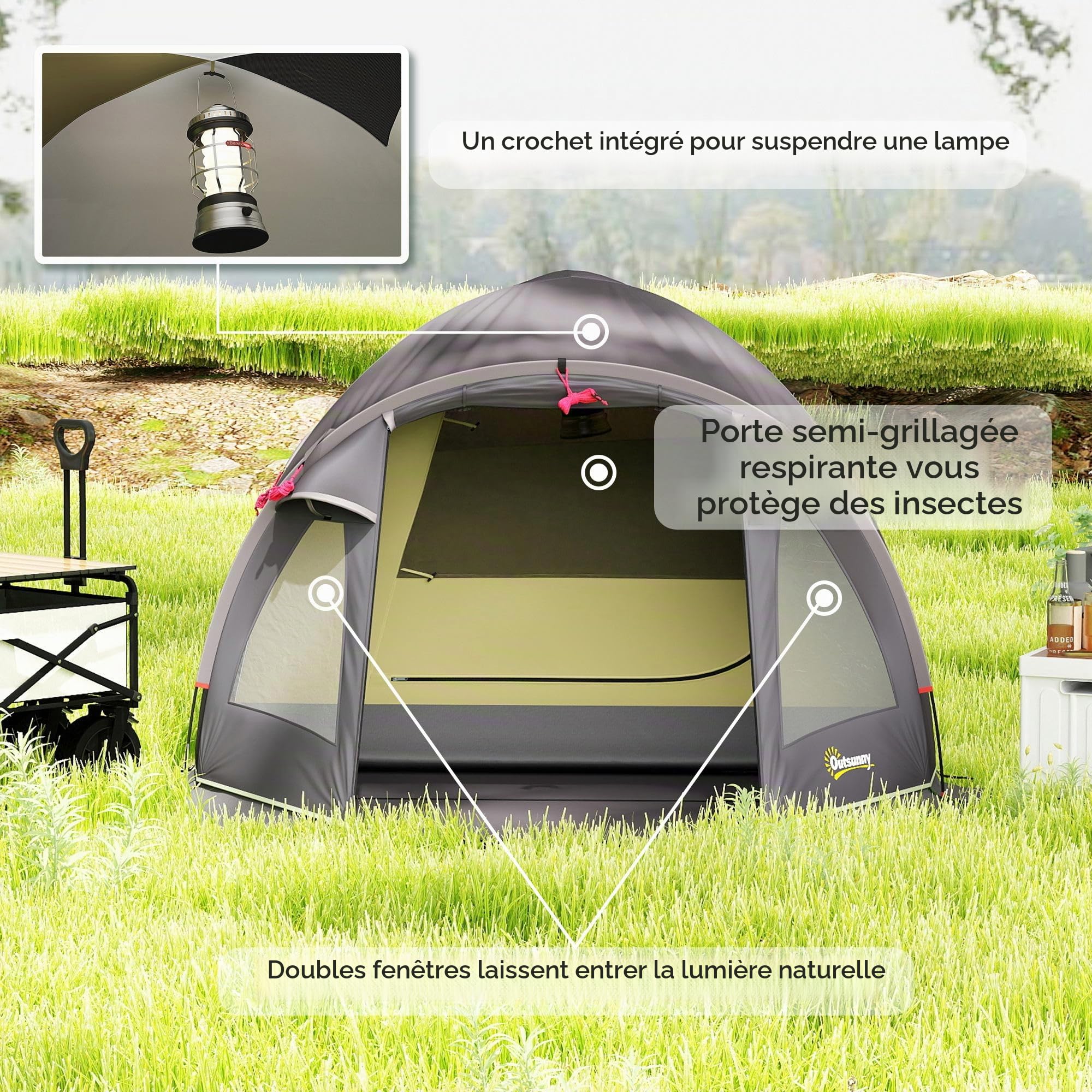 Outsunny Tente Tunnel Camping 3000mm 2 pièces 330x190x120cm Noir