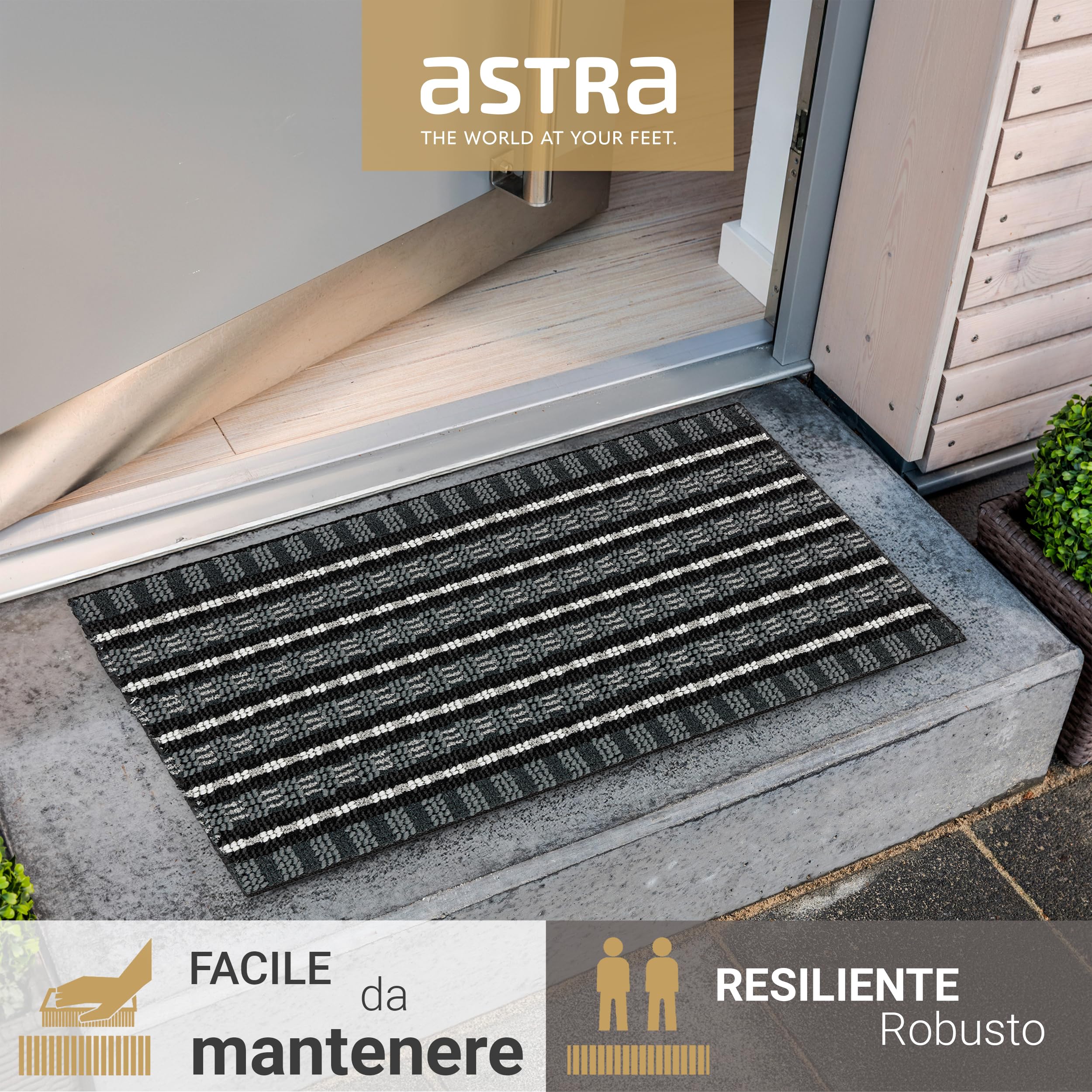 Astra Zerbino robusto con effetto spazzolato - Nero/Argento 50 x 80 cm - Zerbino da esterno con struttura a scanalature per la porta d'ingresso