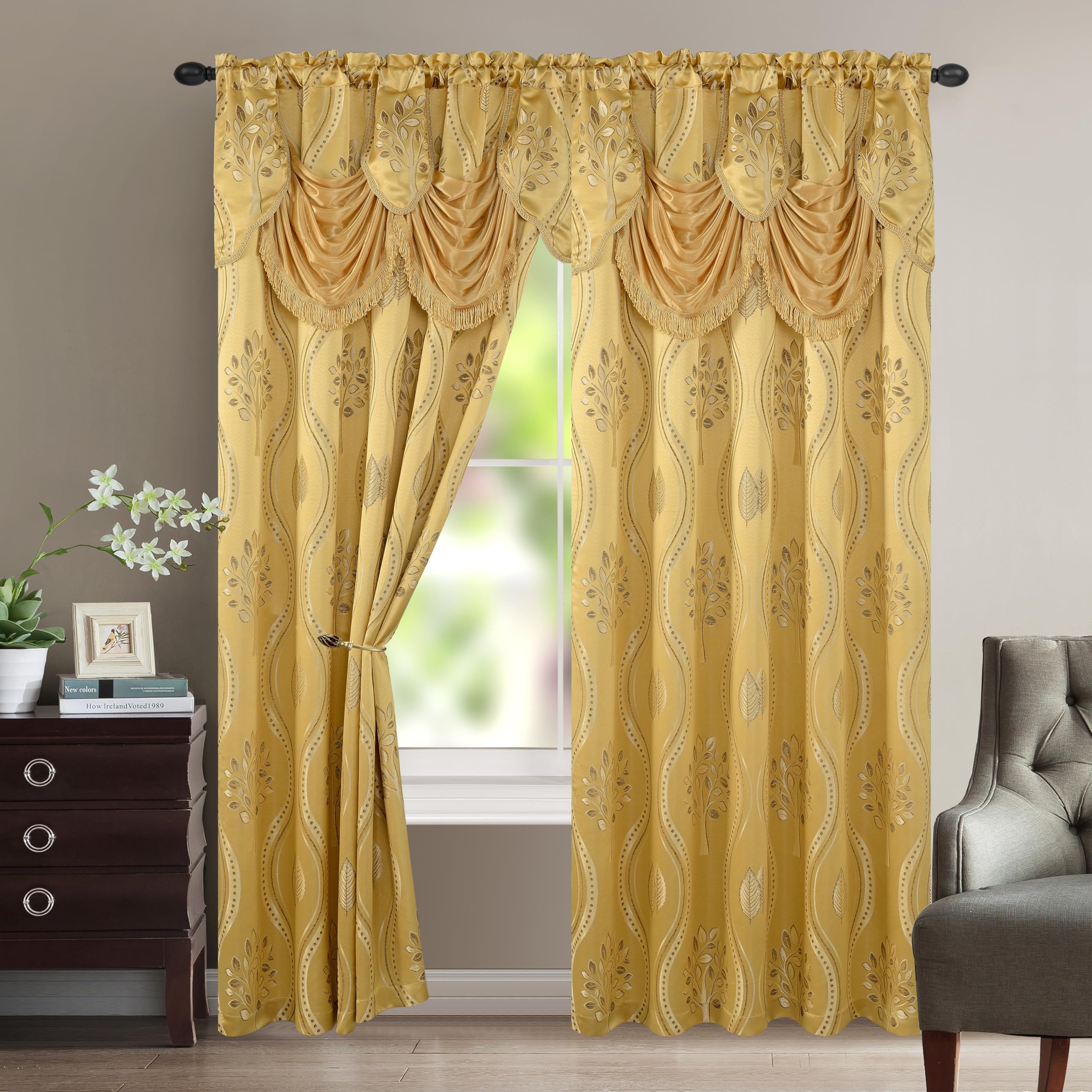 Elegant Comfort Aurora Jacquard Look Curtain Panel Set with Attached Valance 54" X 84 inch (Set of 2), Gold