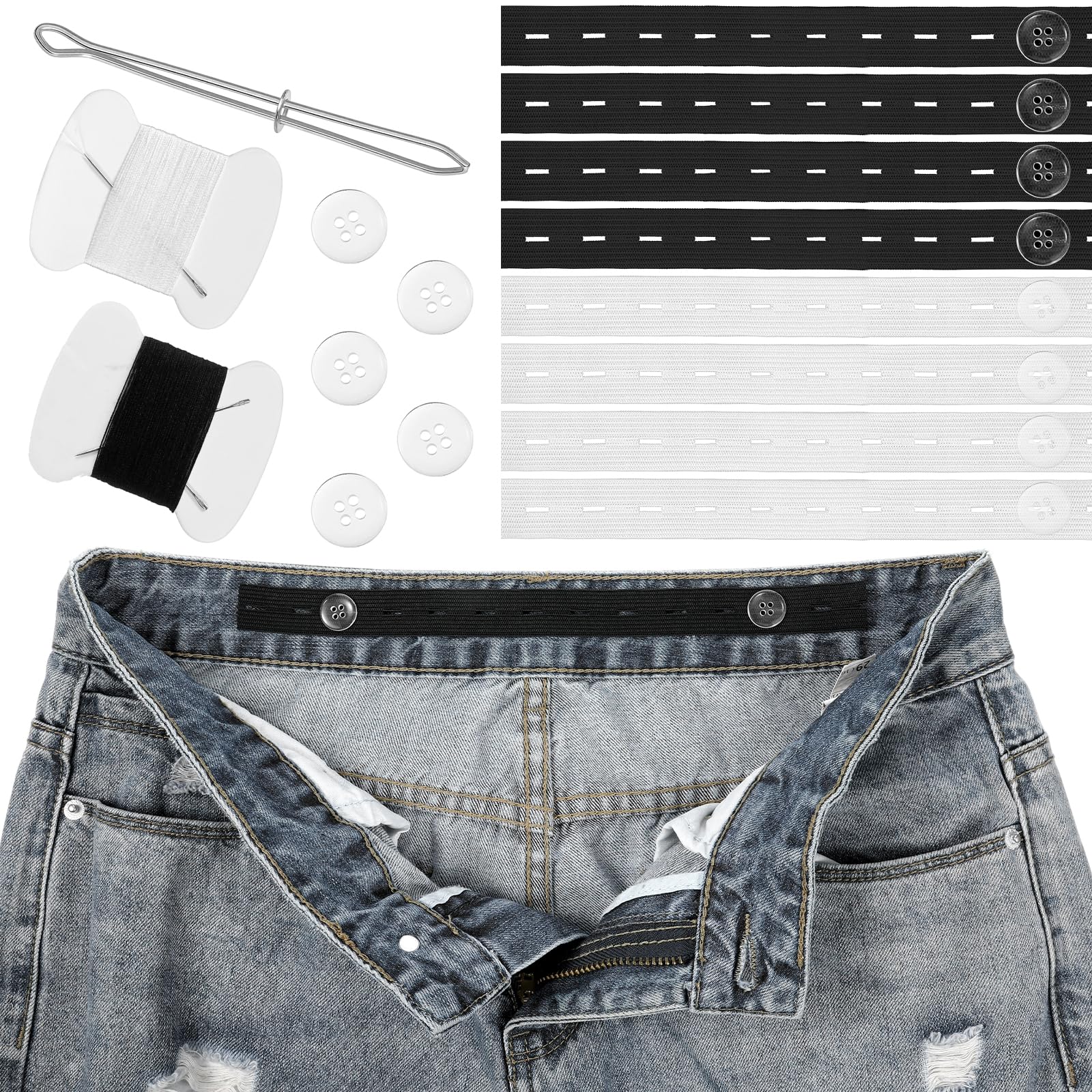 8 Pcs Waistband Tightener 8 Adjustable Elastic Pant Waist Tightener for Pants Women with 16 Clear Buttons Needles